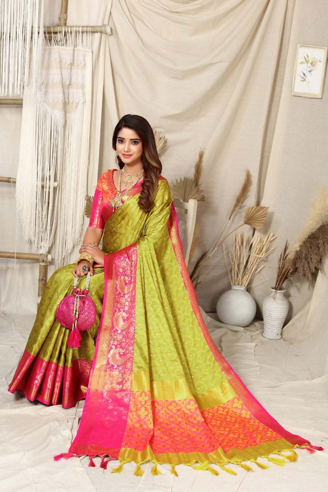 Light Yellow and Pink Nayra Kanjivaram Silk Saree