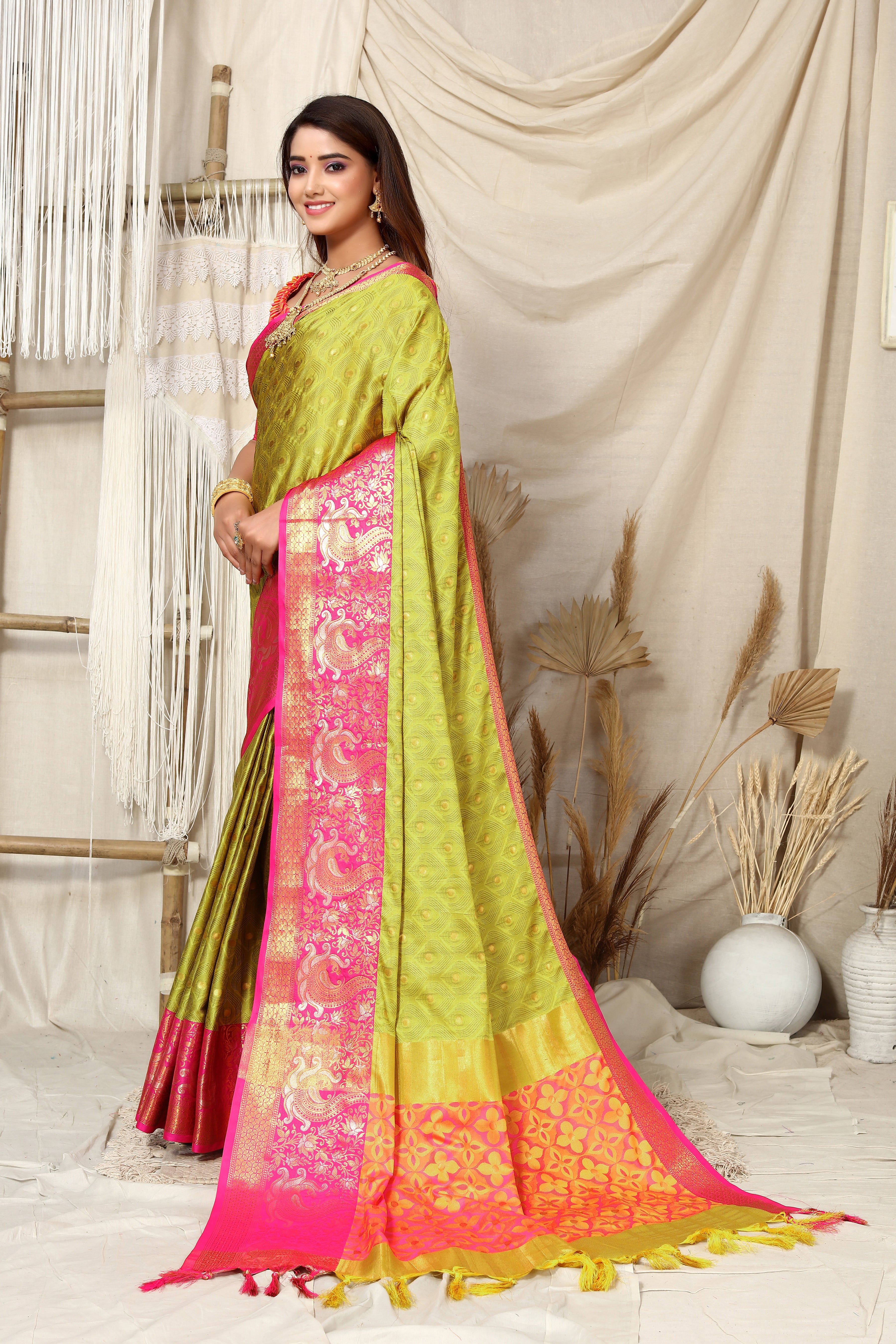 Light Yellow and Pink Nayra Kanjivaram Silk Saree