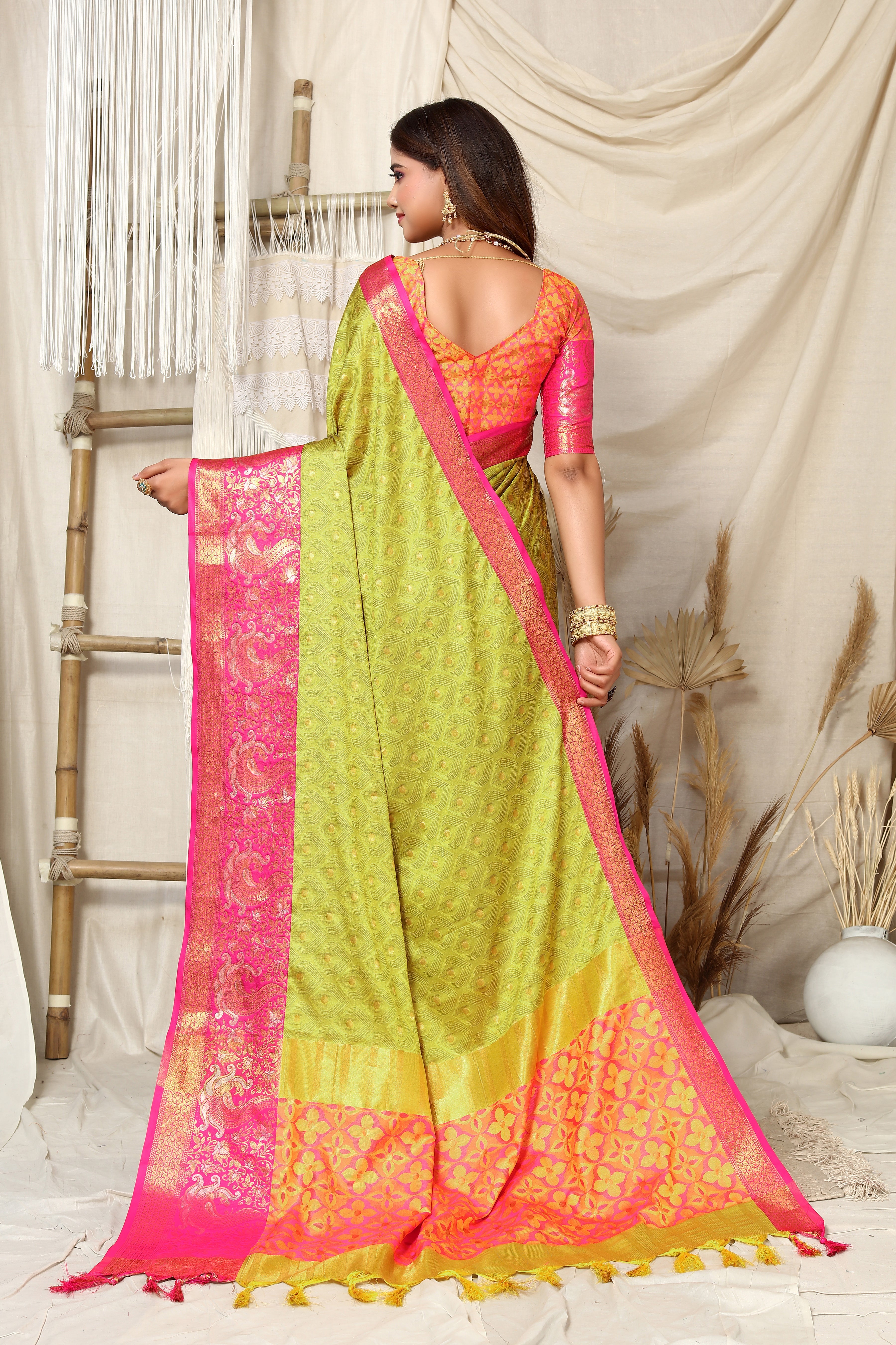 Light Yellow and Pink Nayra Kanjivaram Silk Saree