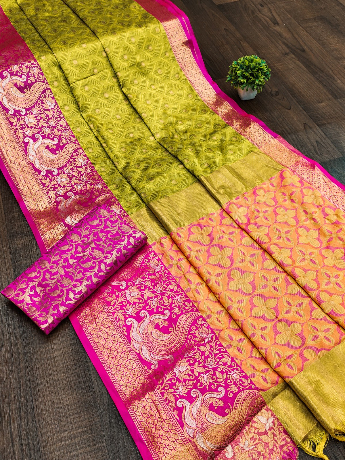 Light Yellow and Pink Nayra Kanjivaram Silk Saree