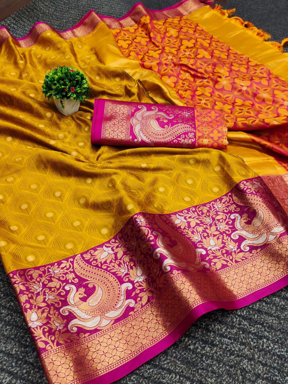 Mustard and Pink Nayra Kanjivaram Silk Saree