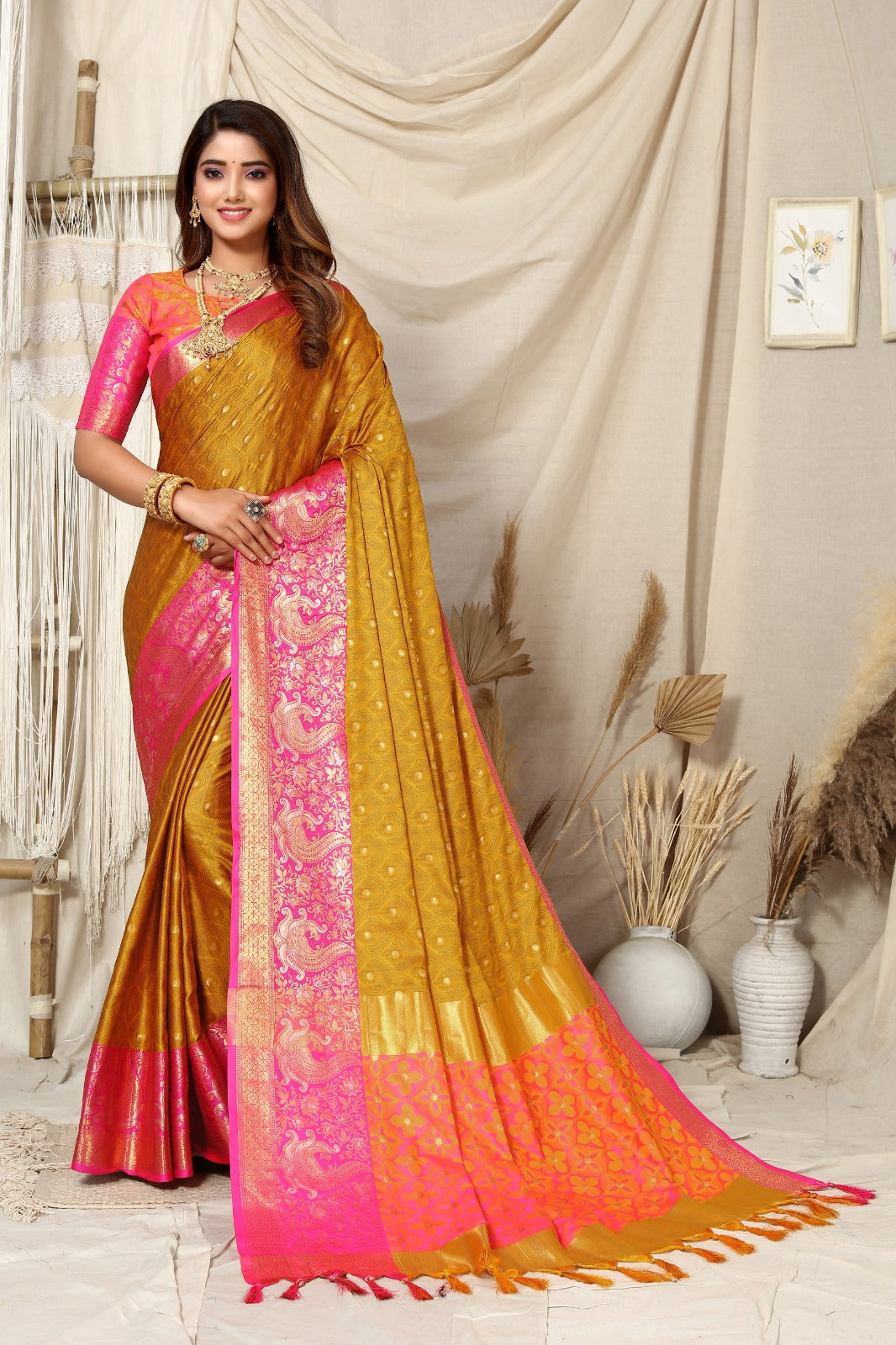 Mustard and Pink Nayra Kanjivaram Silk Saree