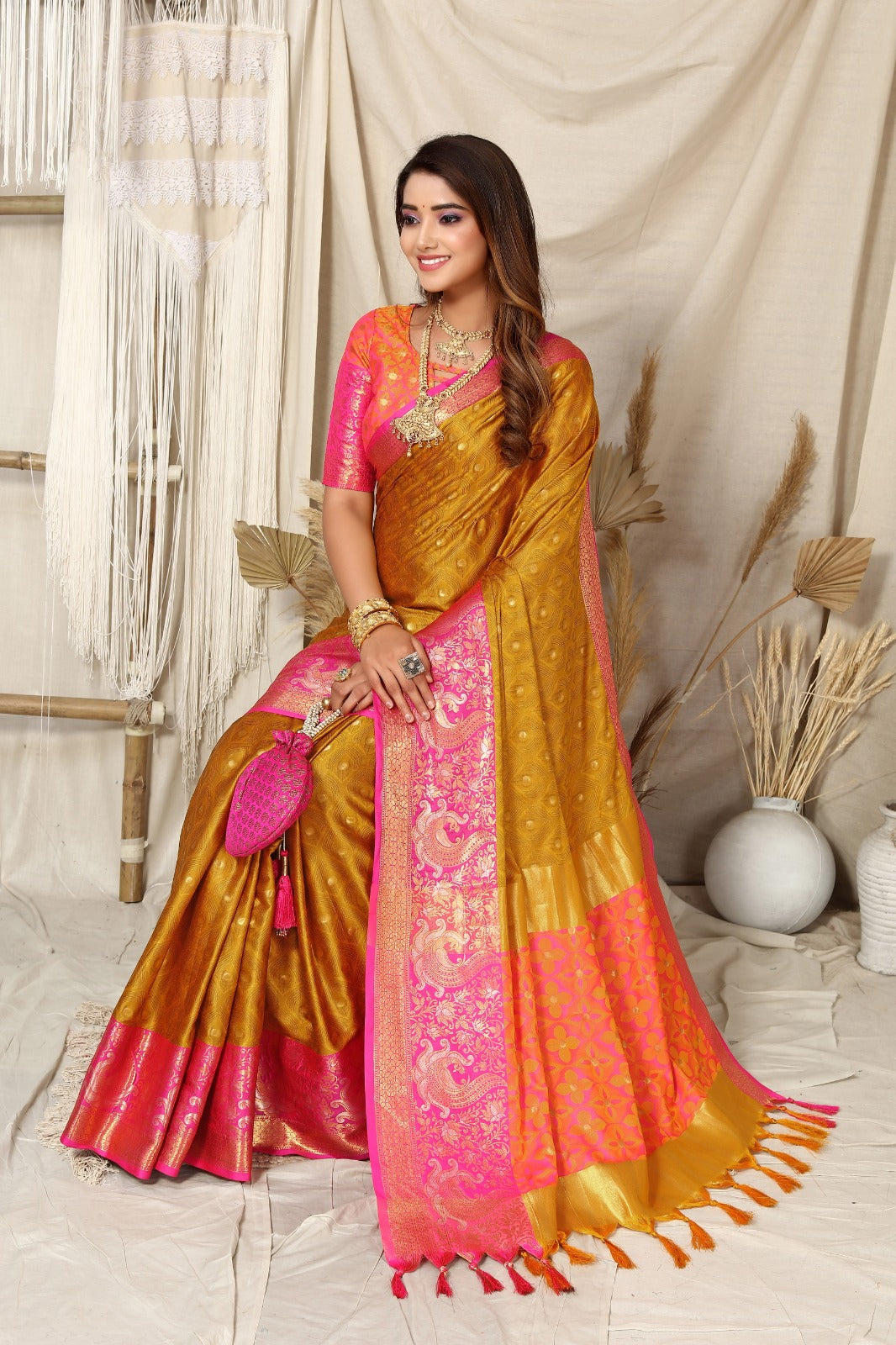 Mustard and Pink Nayra Kanjivaram Silk Saree