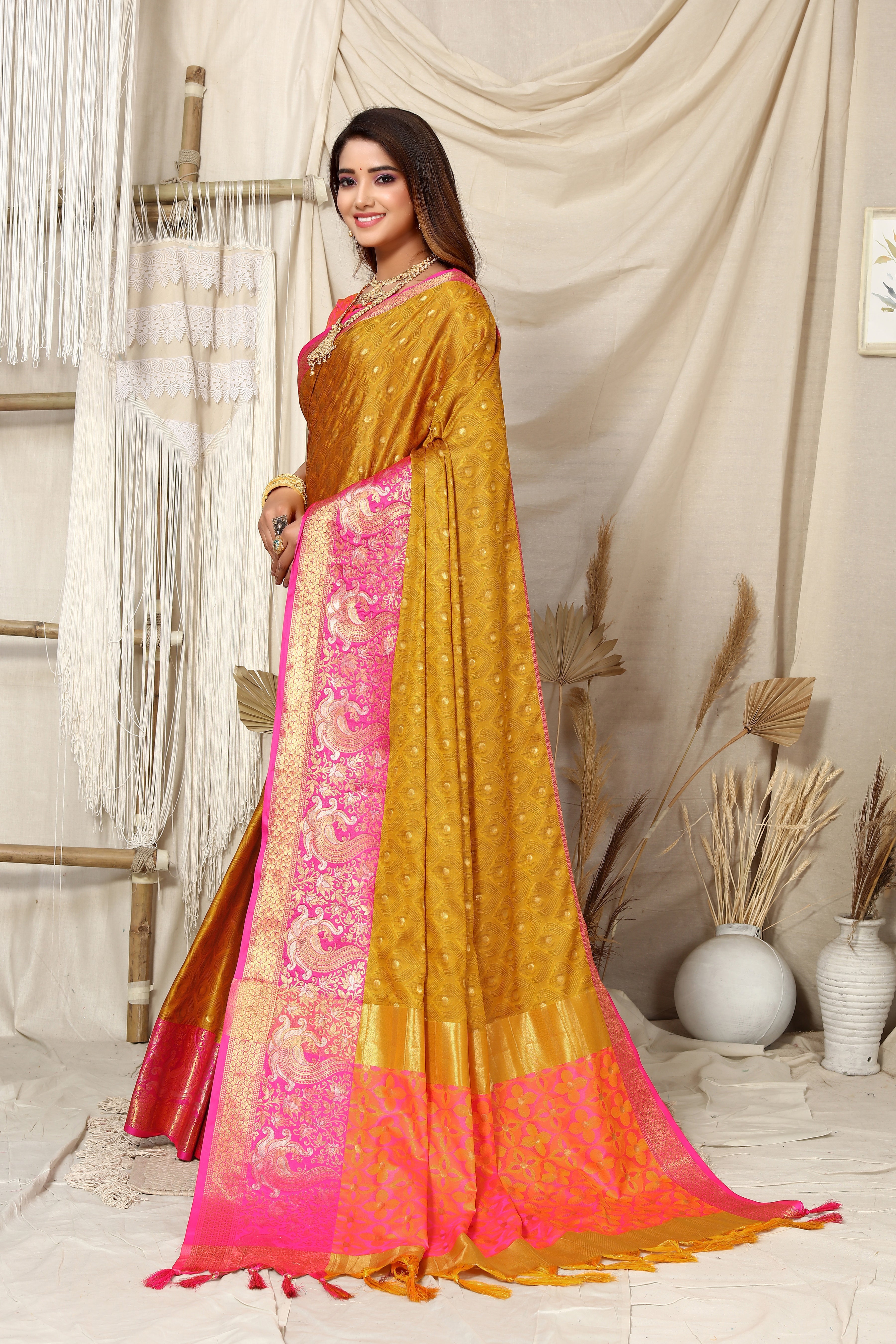 Mustard and Pink Nayra Kanjivaram Silk Saree