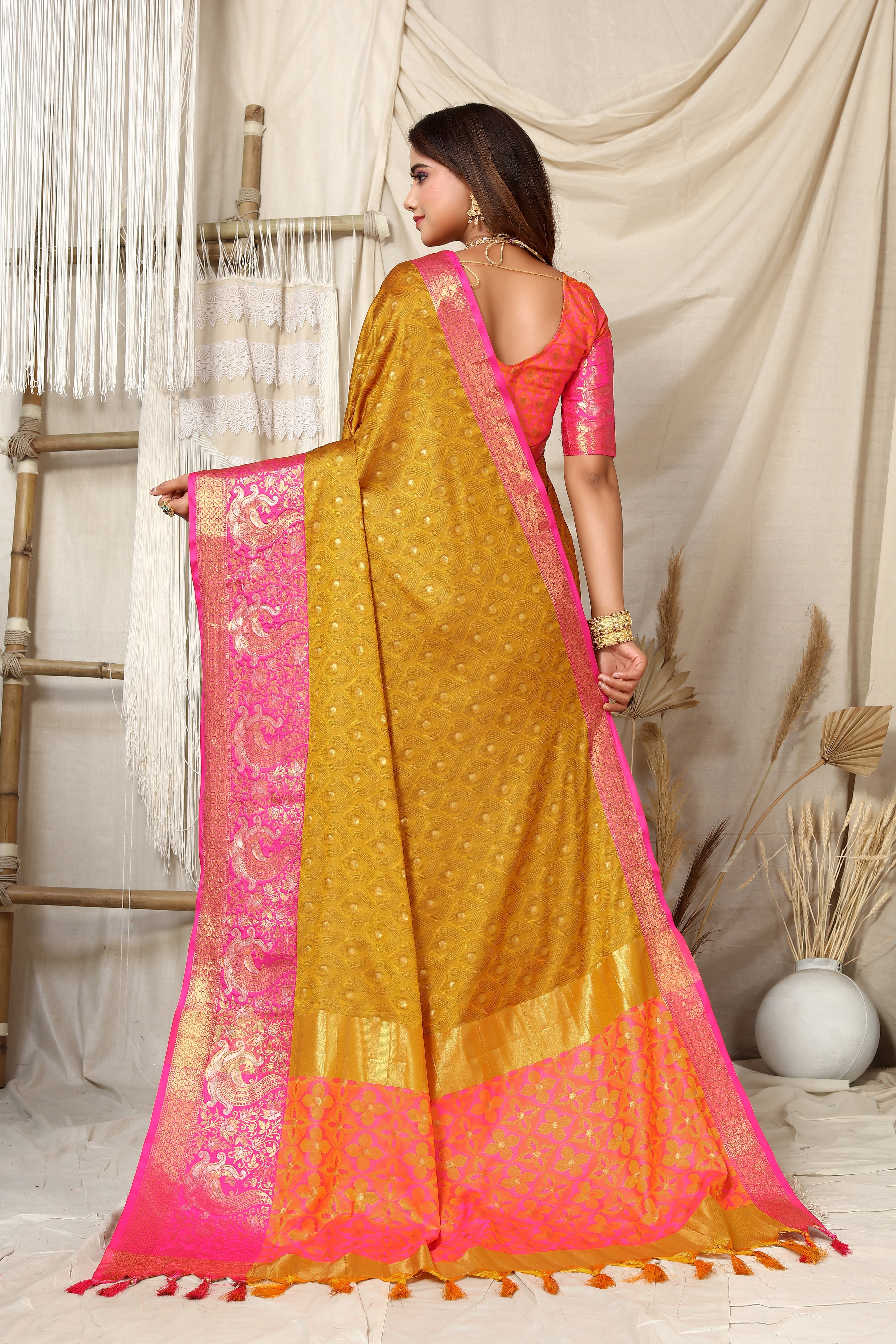 Mustard and Pink Nayra Kanjivaram Silk Saree