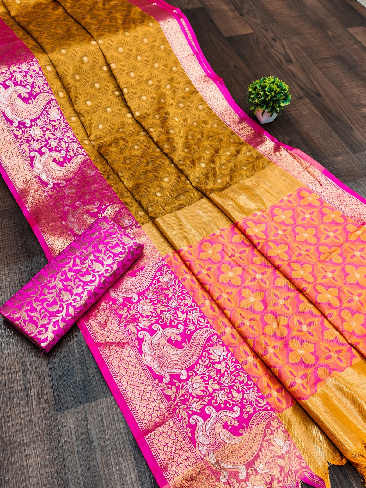 Mustard and Pink Nayra Kanjivaram Silk Saree