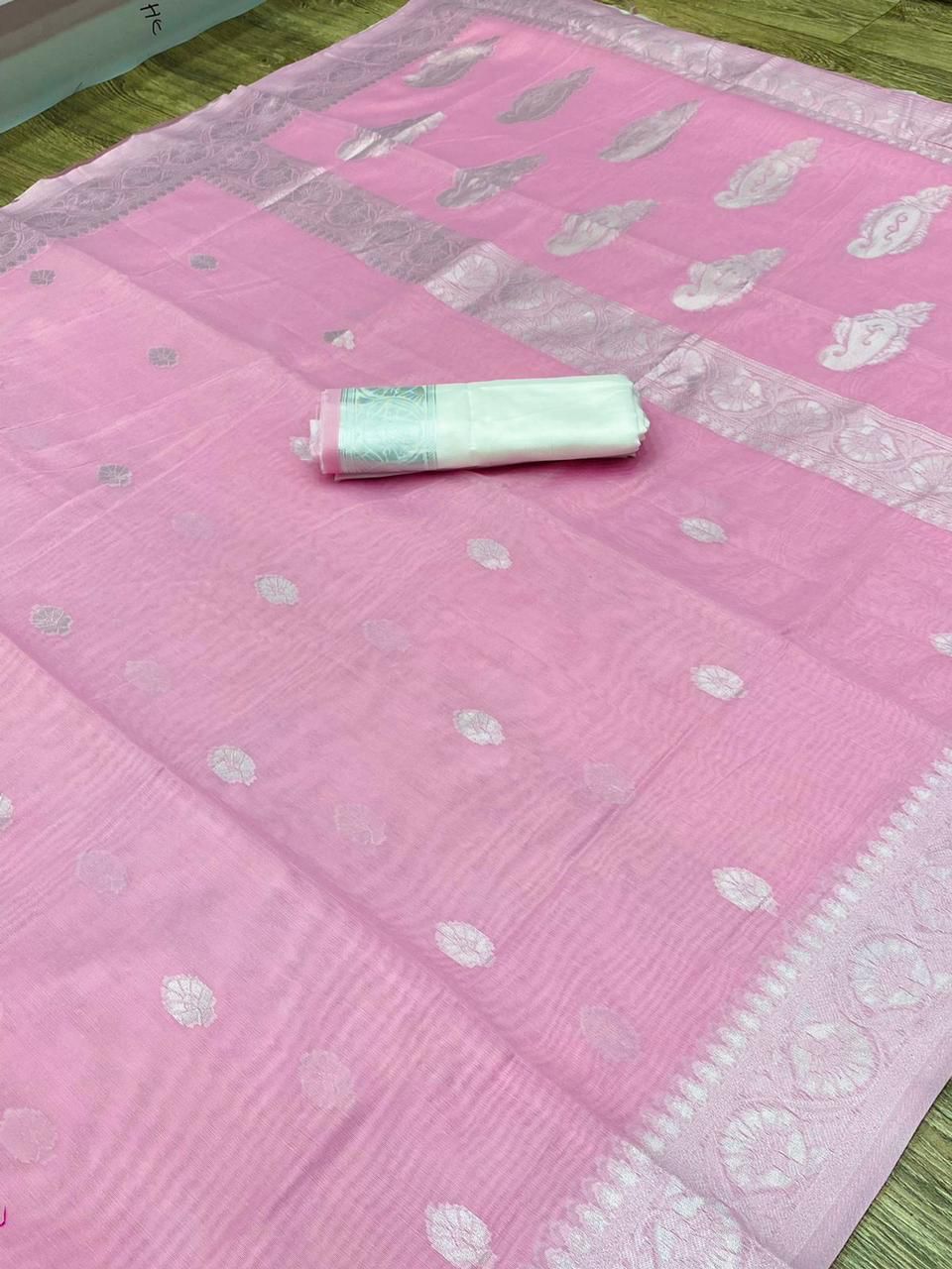 Baby Pink Silver Design Nikhila Pure Silk Saree