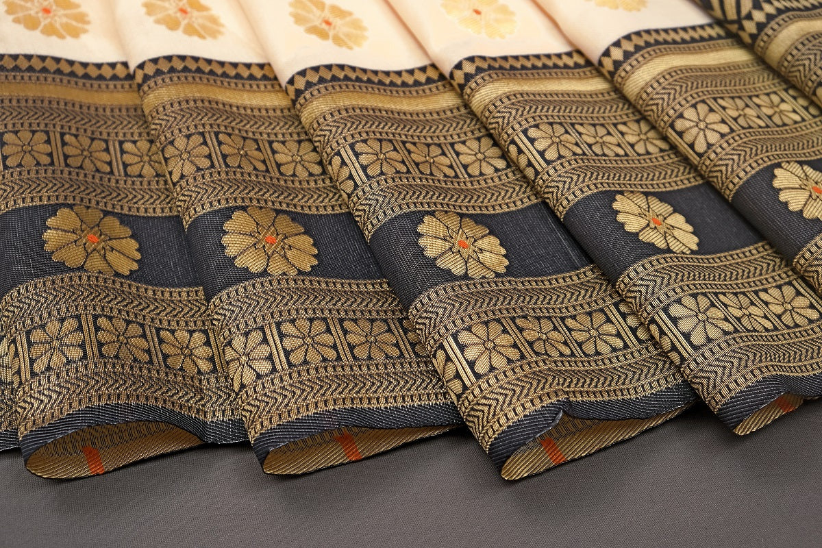 Off-white and Black Copper Design Onam Pure Silk Saree