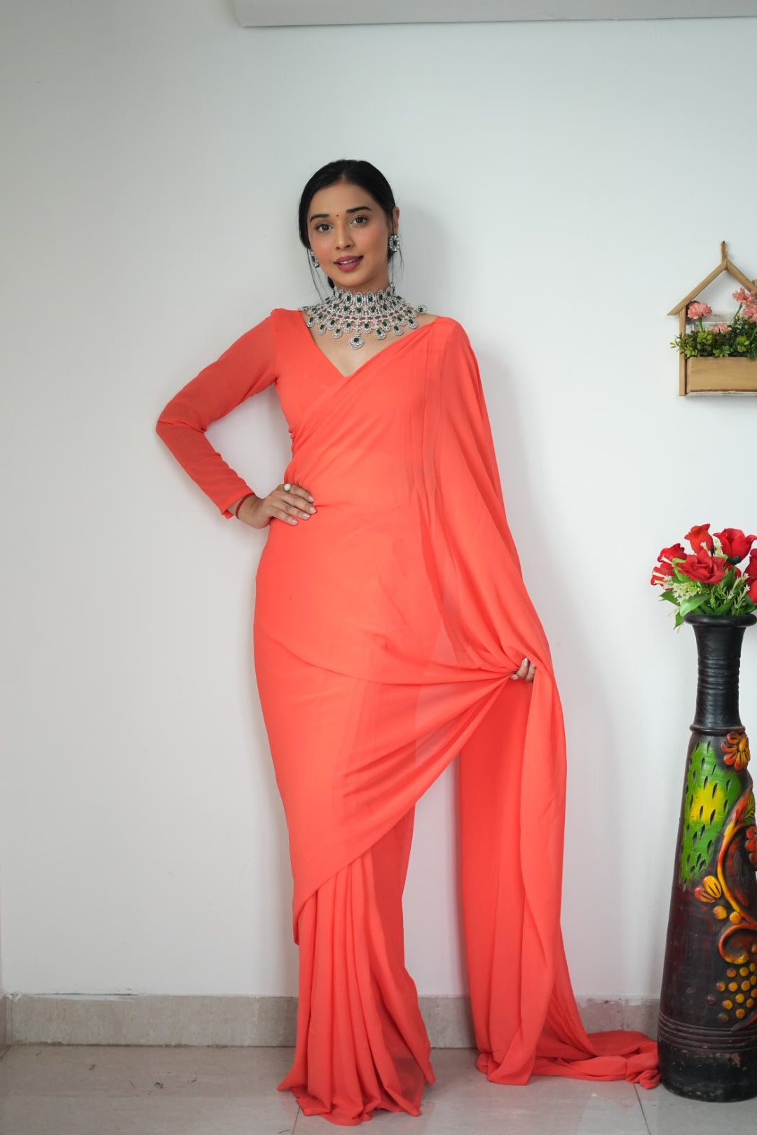 1-Minute Ready To Wear Plain Orange saree With Unstitched Blouse.