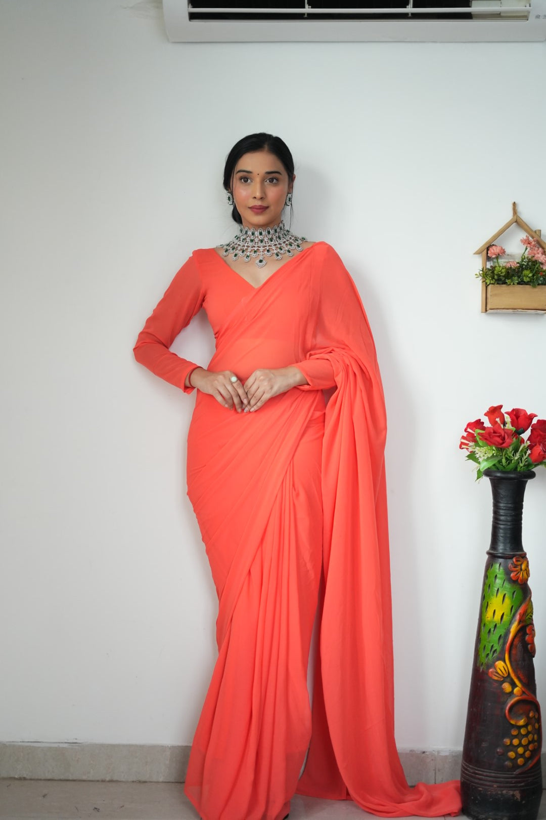 1-Minute Ready To Wear Plain Orange saree With Unstitched Blouse.