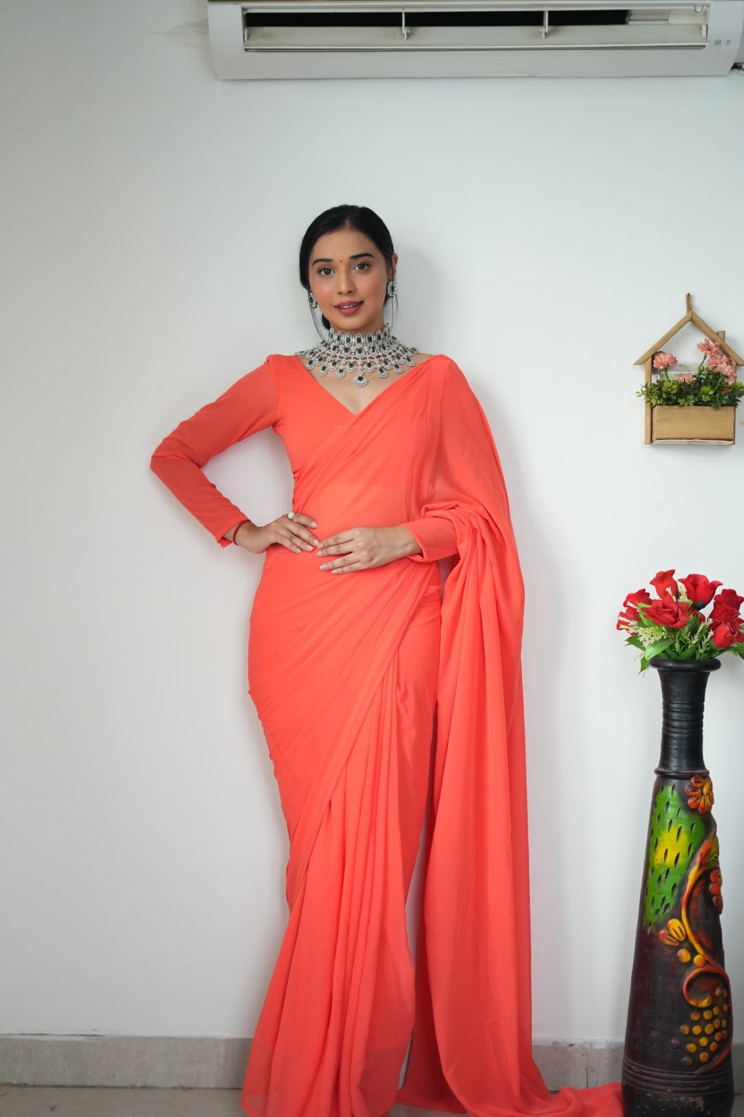 1-Minute Ready To Wear Plain Orange saree With Unstitched Blouse.