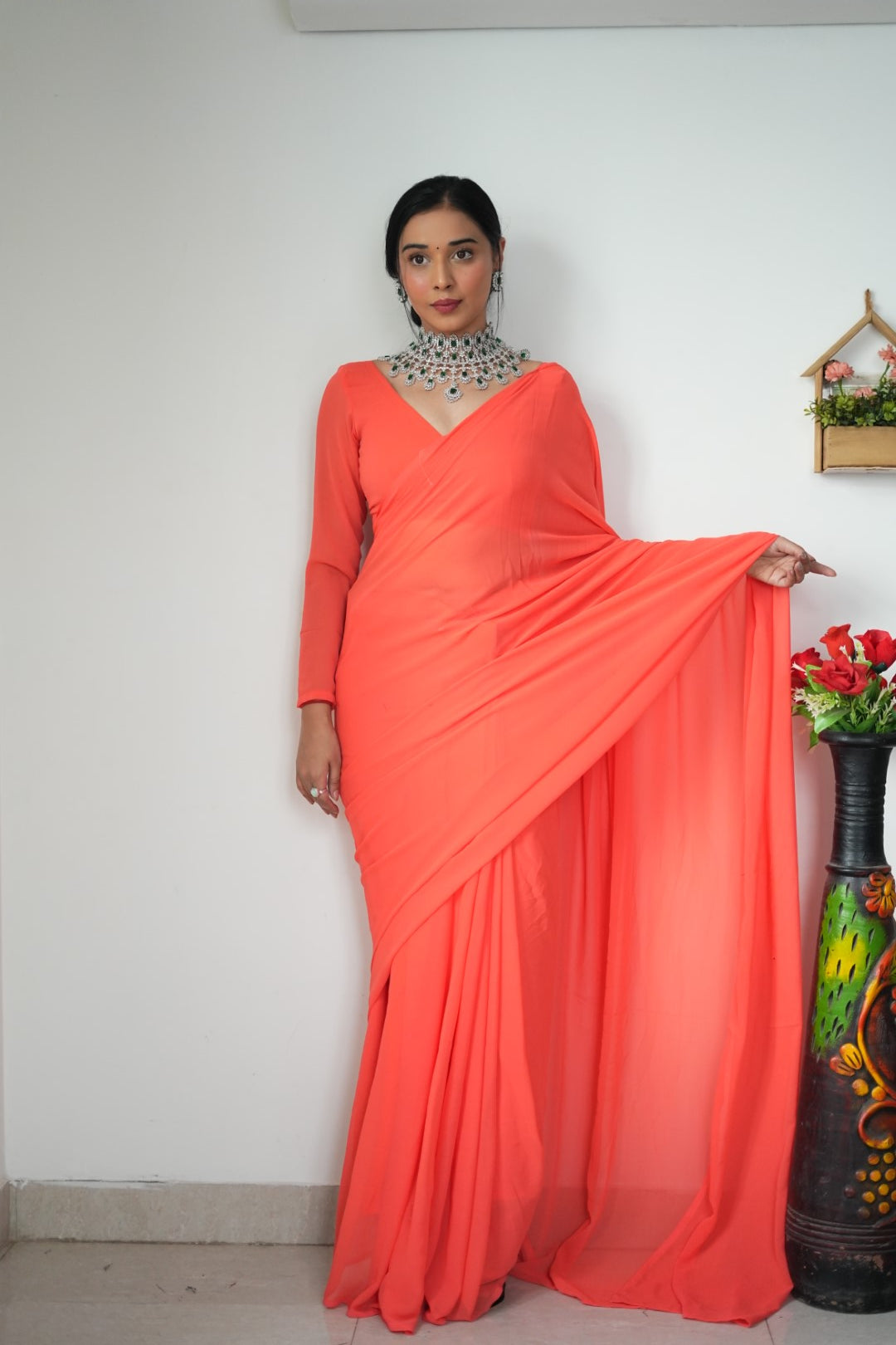 1-Minute Ready To Wear Plain Orange saree With Unstitched Blouse.