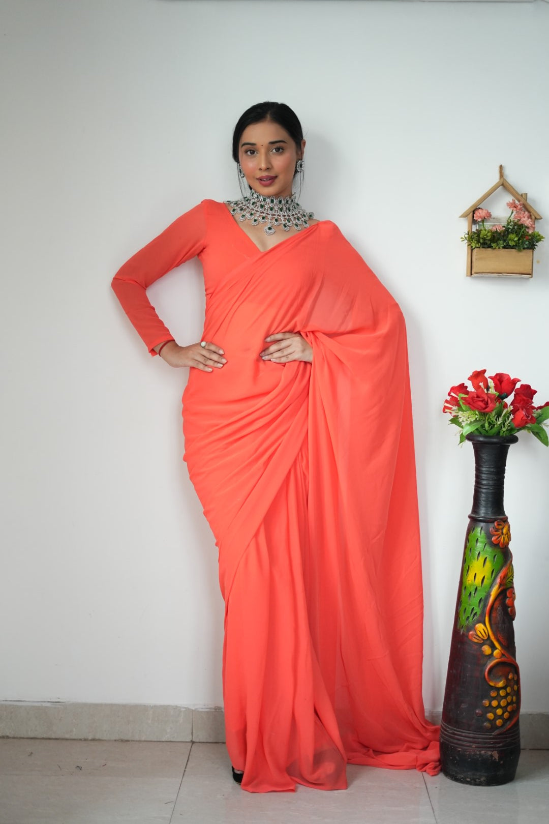 1-Minute Ready To Wear Plain Orange saree With Unstitched Blouse.