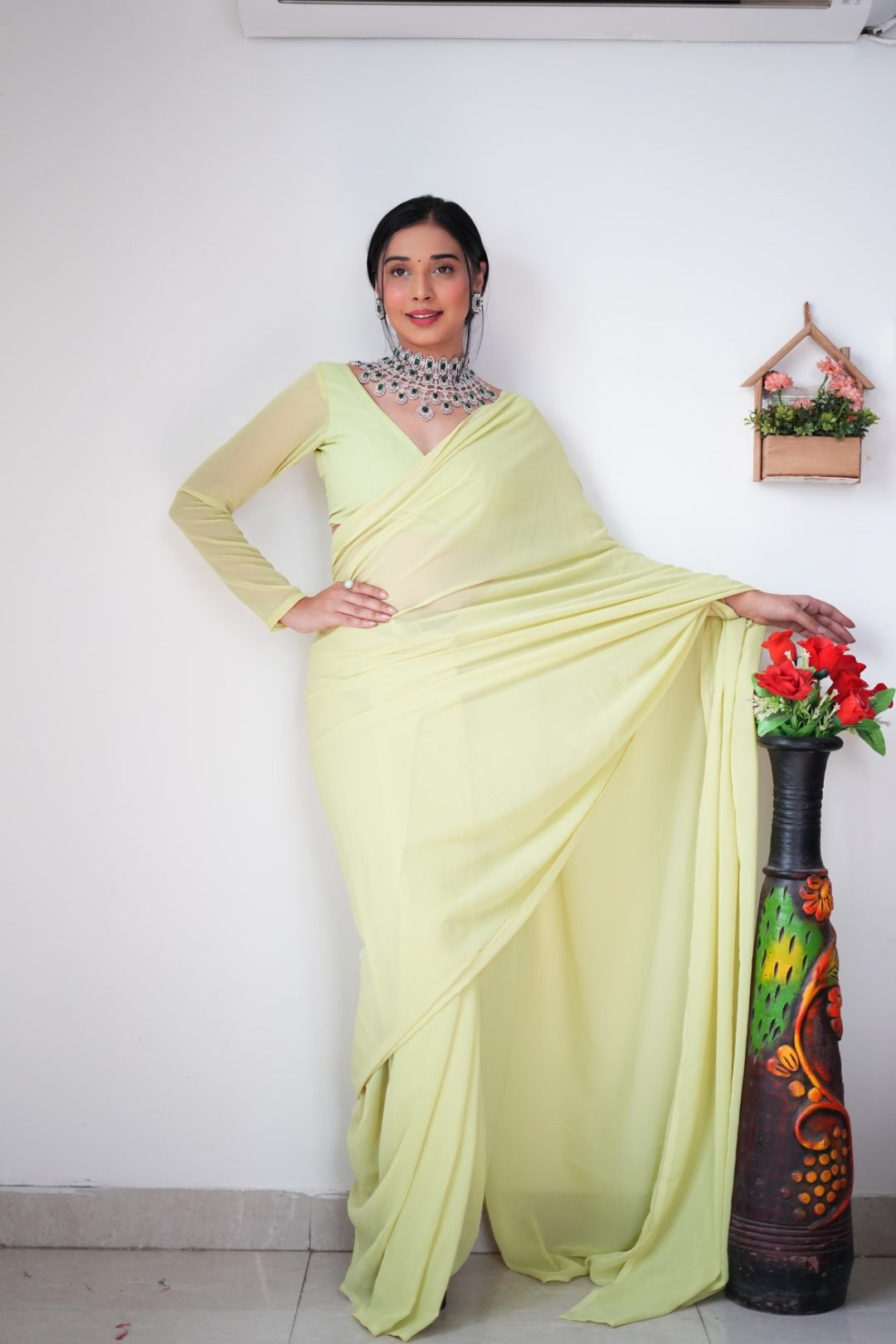 1-Minute Ready To Wear plain Yellow saree With Unstitched Blouse.