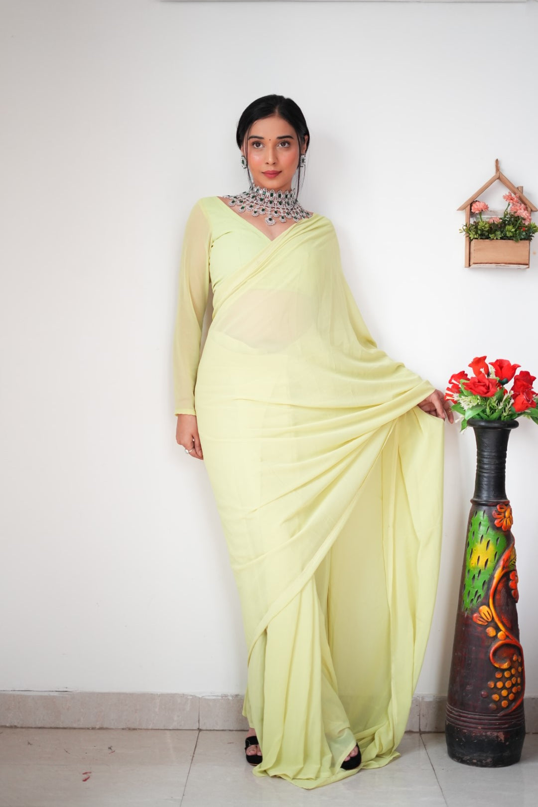 1-Minute Ready To Wear plain Yellow saree With Unstitched Blouse.