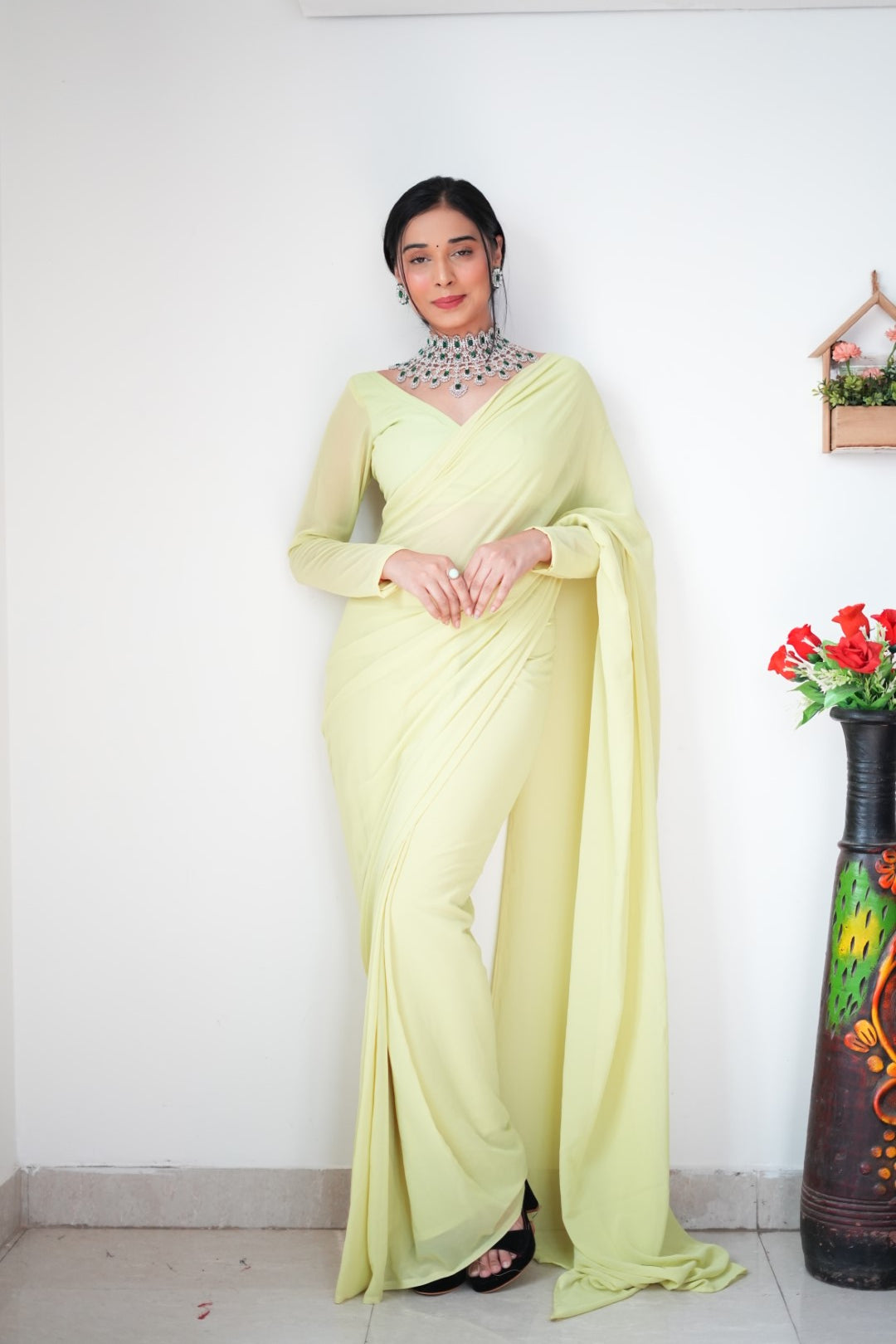 1-Minute Ready To Wear plain Yellow saree With Unstitched Blouse.