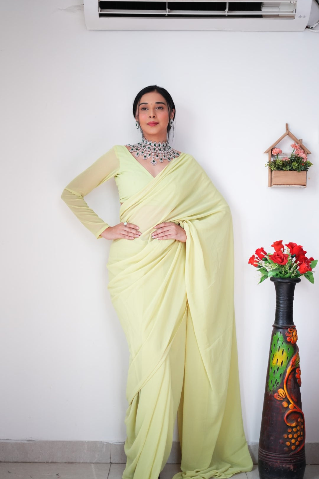 1-Minute Ready To Wear plain Yellow saree With Unstitched Blouse.