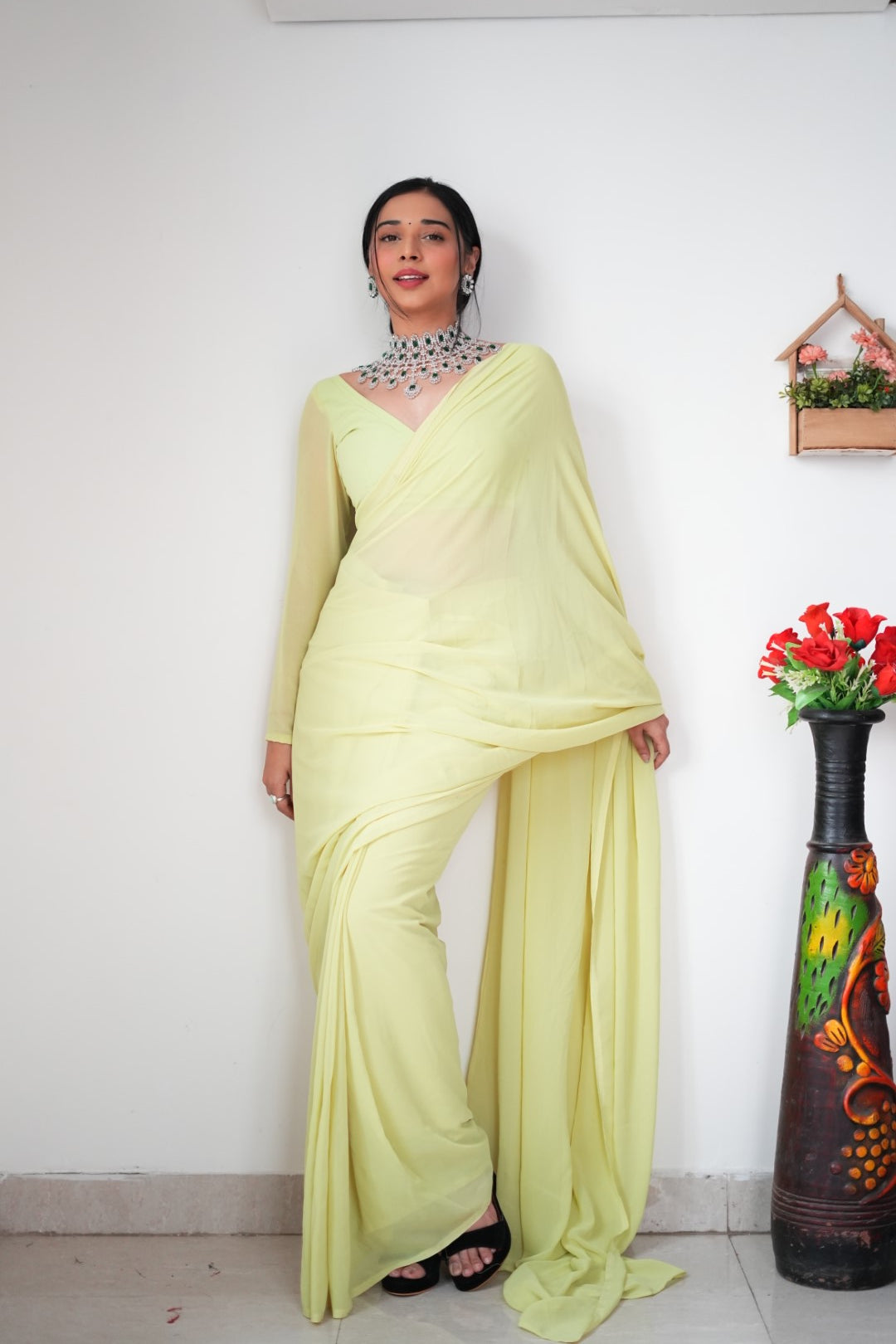 1-Minute Ready To Wear plain Yellow saree With Unstitched Blouse.