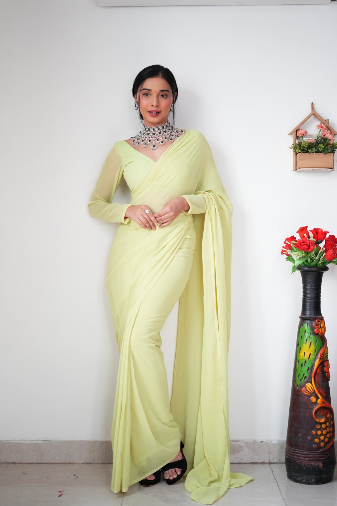 1-Minute Ready To Wear plain Yellow saree With Unstitched Blouse.