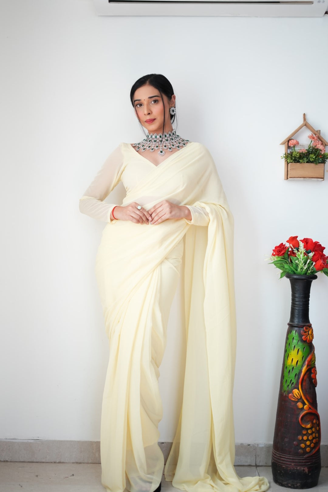 1-Minute Ready To Wear Plain Cream saree With Unstitched Blouse.