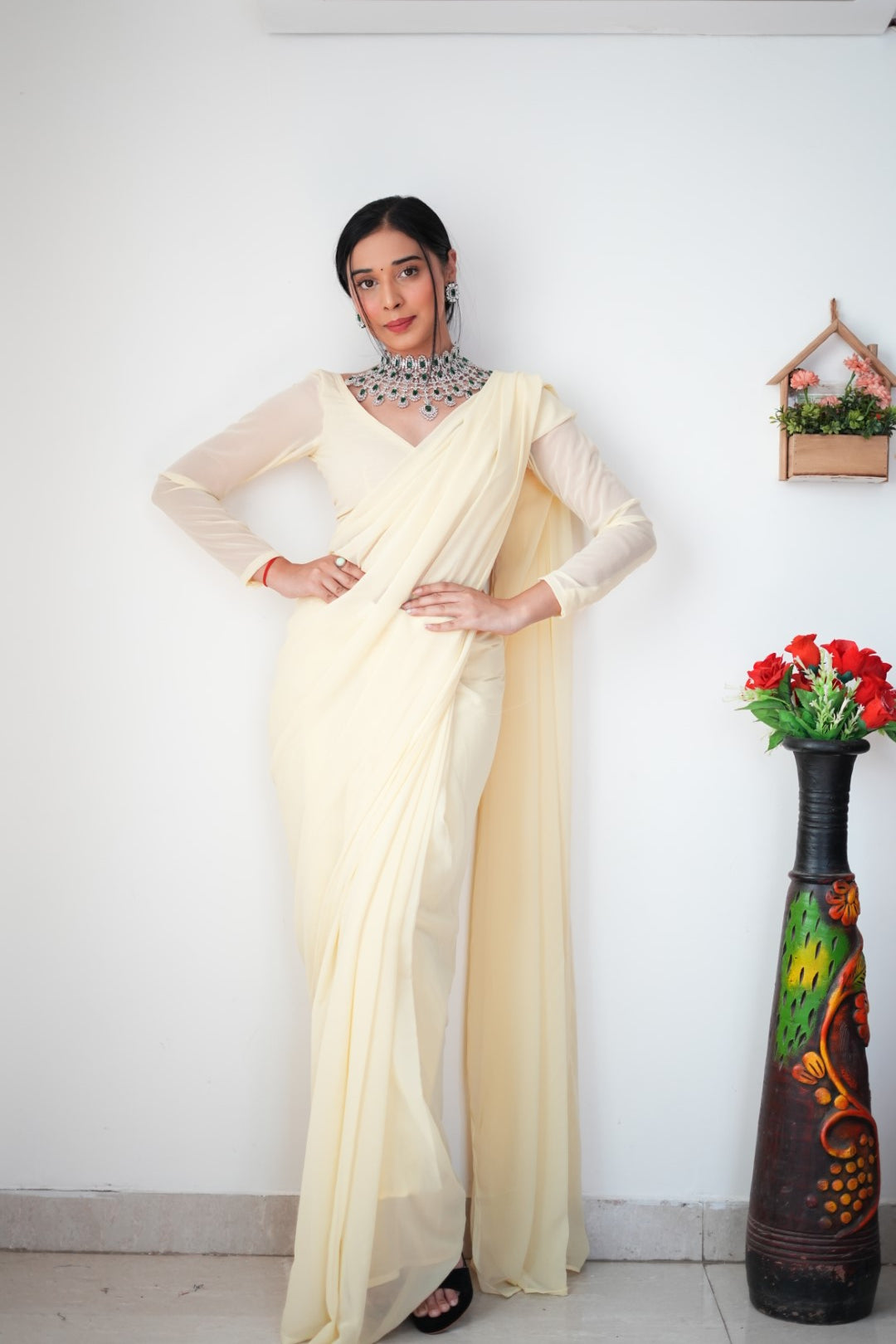 1-Minute Ready To Wear Plain Cream saree With Unstitched Blouse.