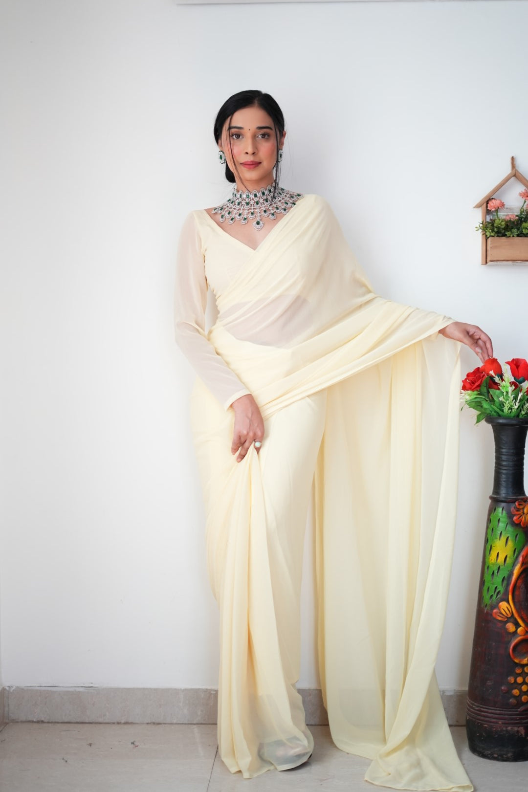 1-Minute Ready To Wear Plain Cream saree With Unstitched Blouse.