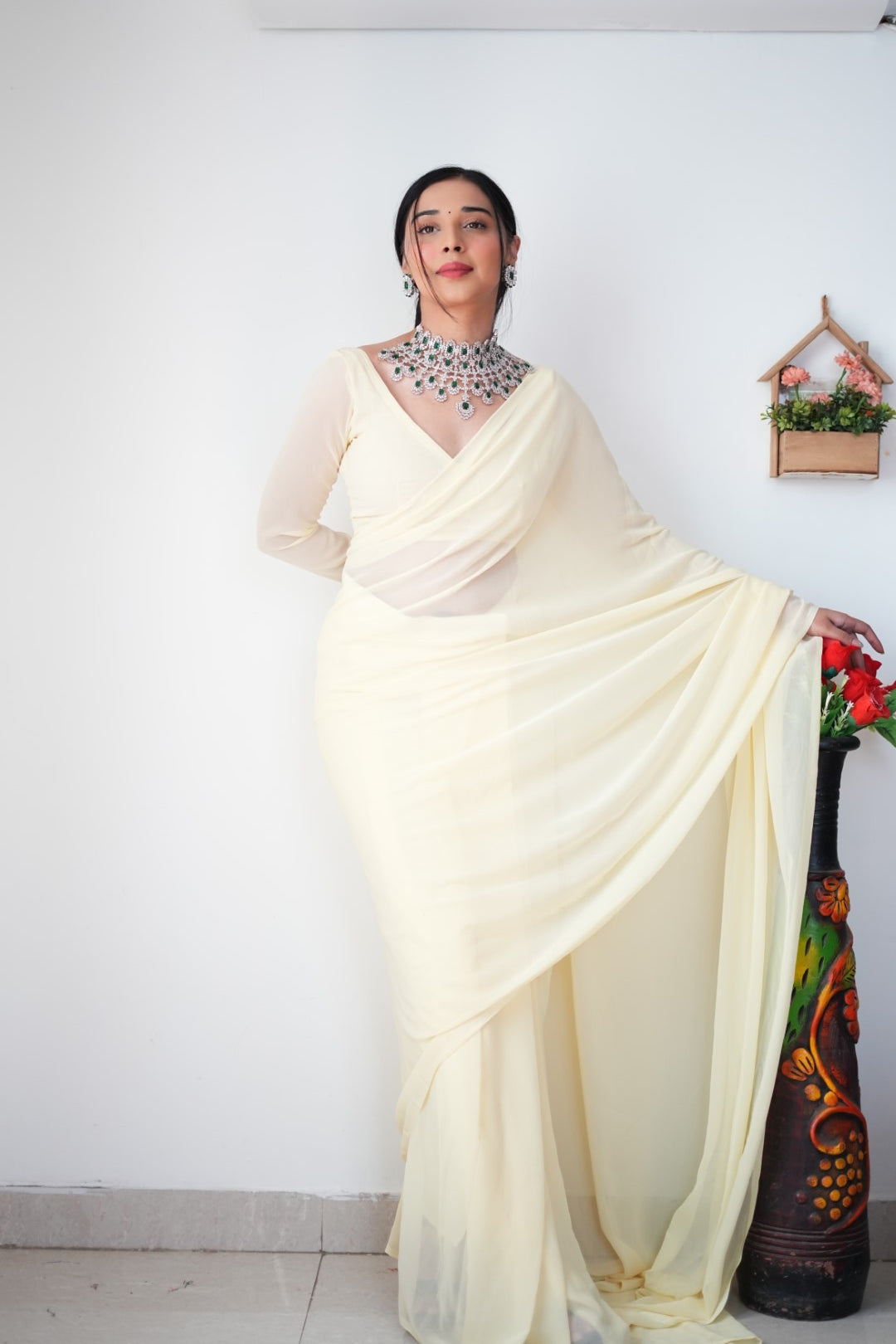 1-Minute Ready To Wear Plain Cream saree With Unstitched Blouse.