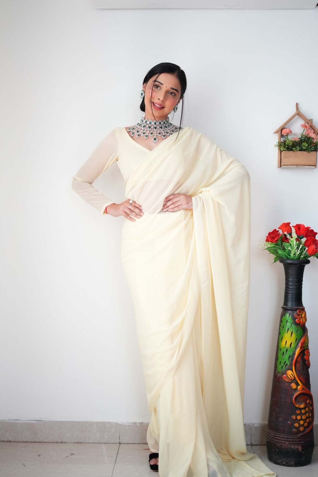 1-Minute Ready To Wear Plain Cream saree With Unstitched Blouse.