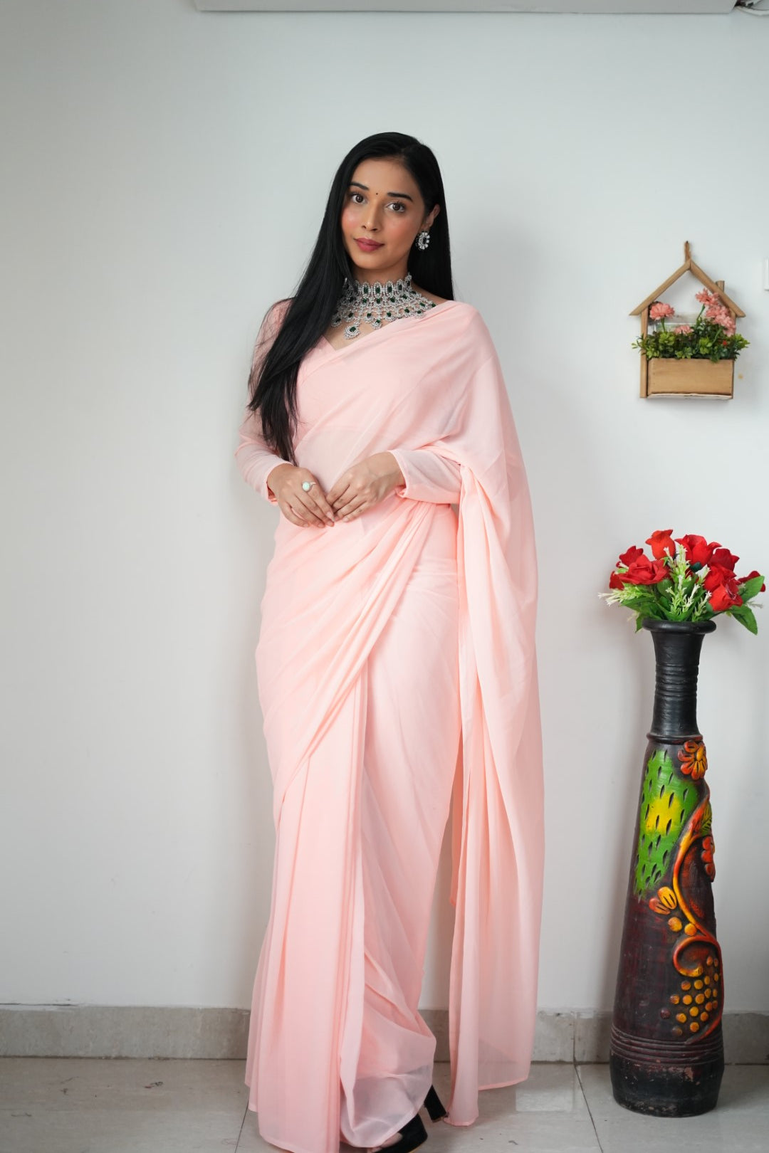 1-Minute Ready To Wear Plain Peach saree With Unstitched Blouse.