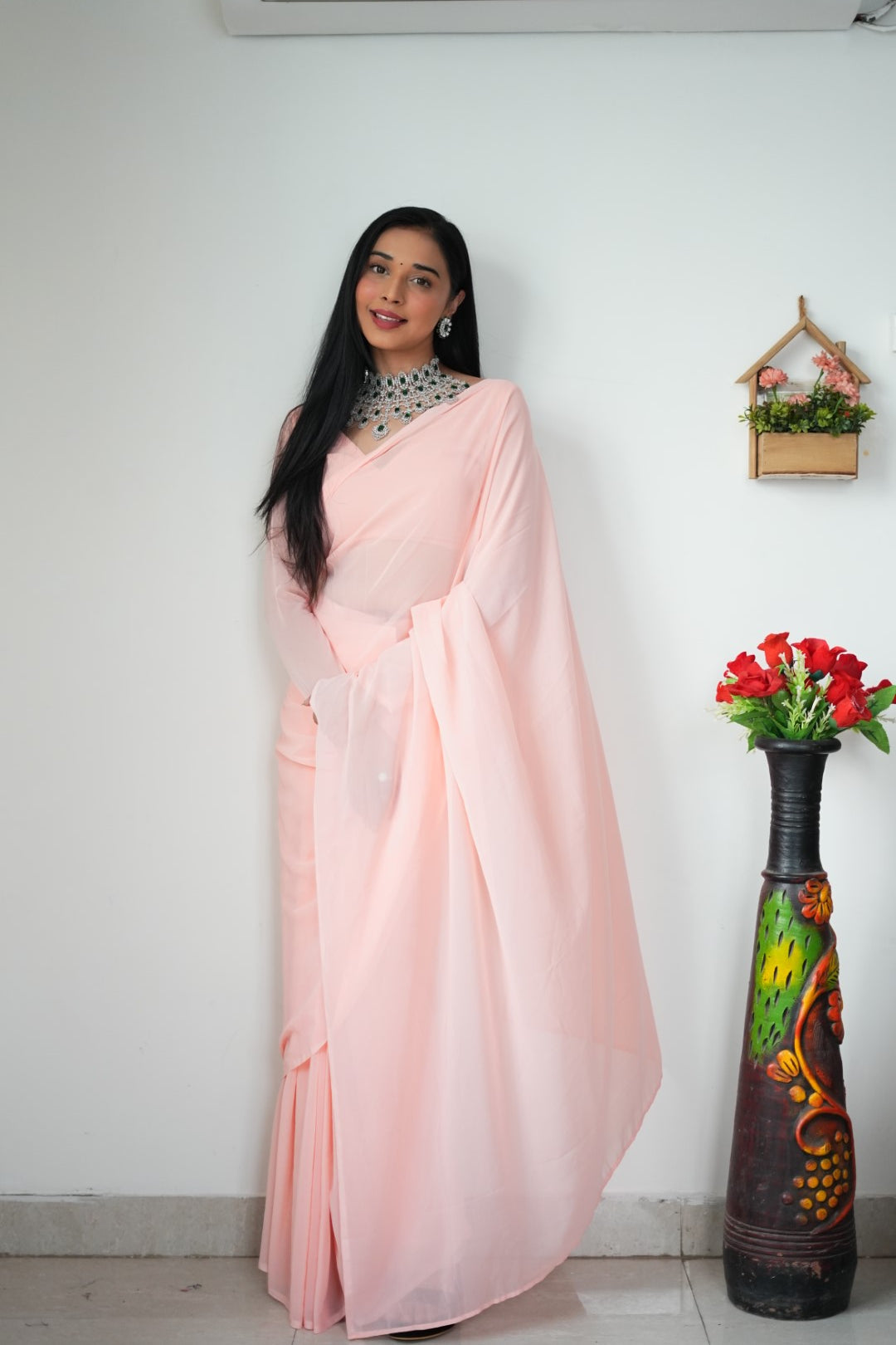 1-Minute Ready To Wear Plain Peach saree With Unstitched Blouse.