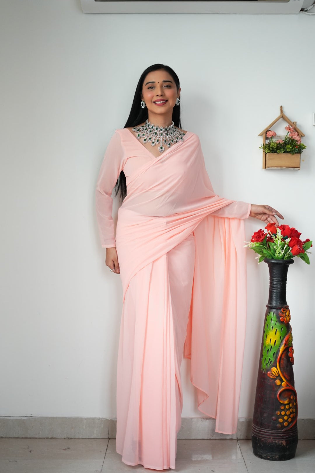 1-Minute Ready To Wear Plain Peach saree With Unstitched Blouse.