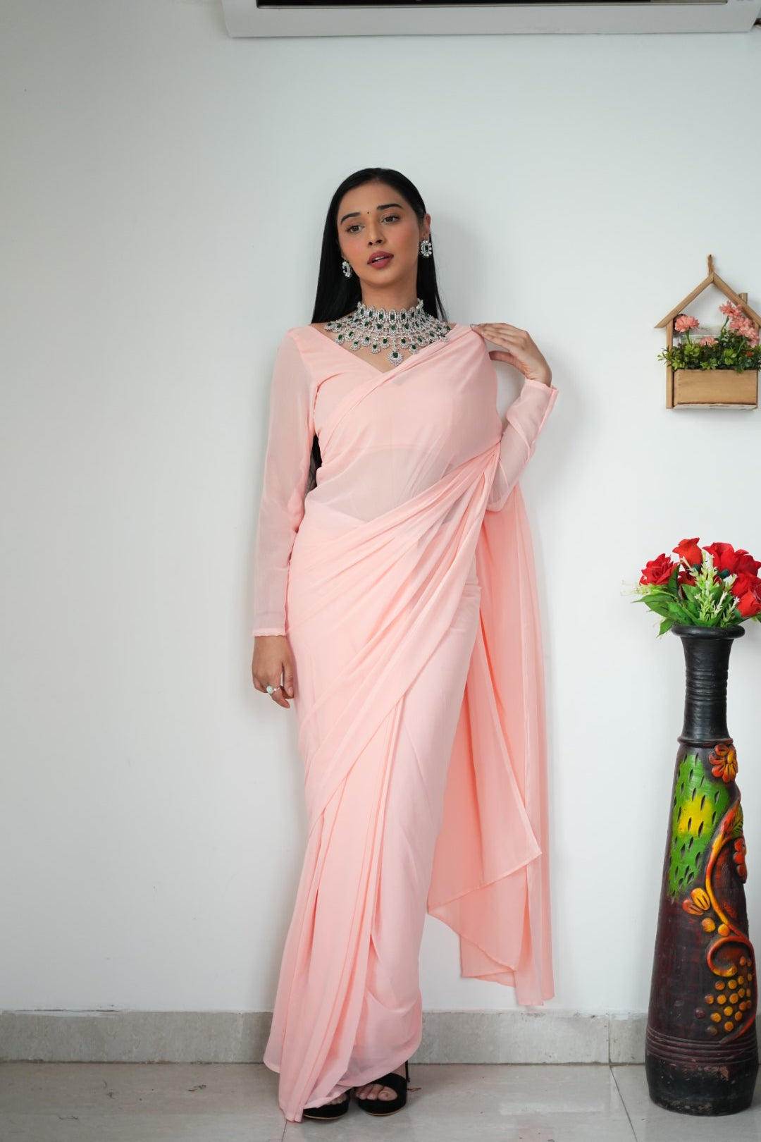 1-Minute Ready To Wear Plain Peach saree With Unstitched Blouse.