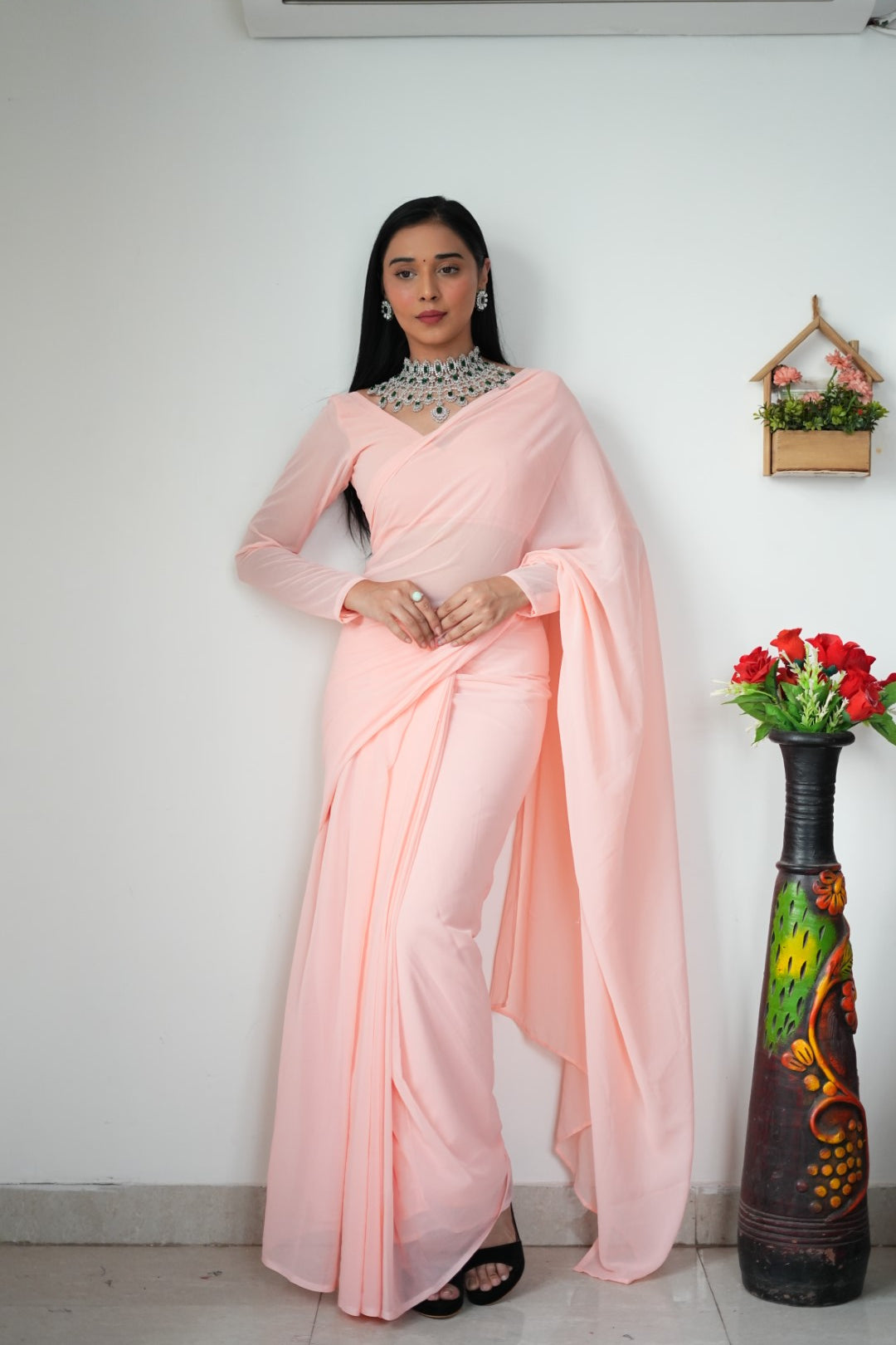 1-Minute Ready To Wear Plain Peach saree With Unstitched Blouse.