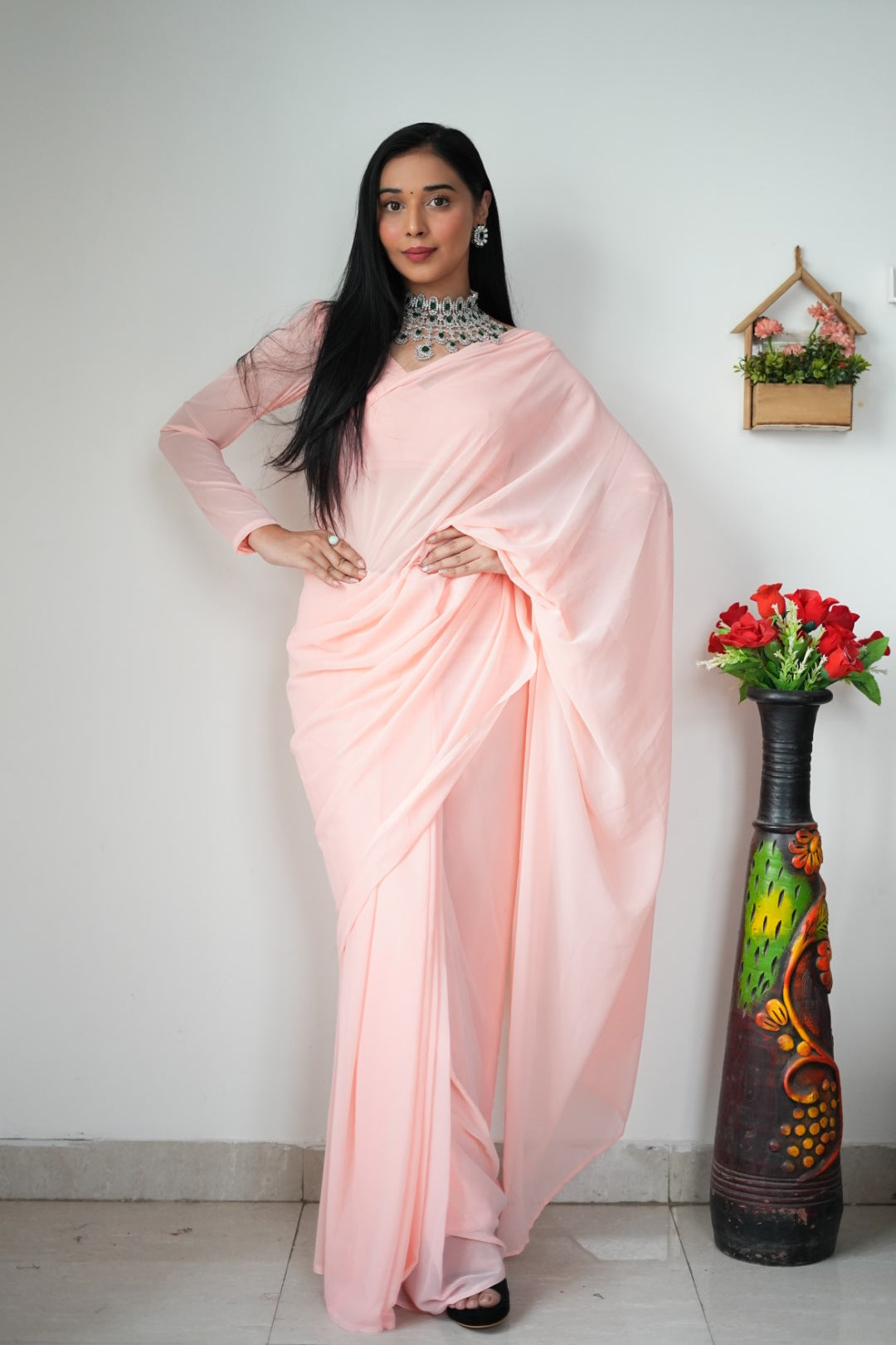 1-Minute Ready To Wear Plain Peach saree With Unstitched Blouse.