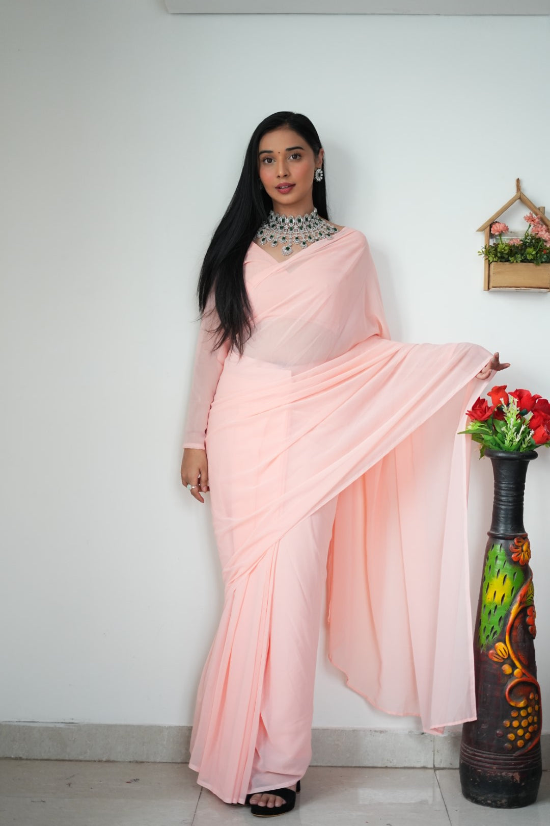 1-Minute Ready To Wear Plain Peach saree With Unstitched Blouse.