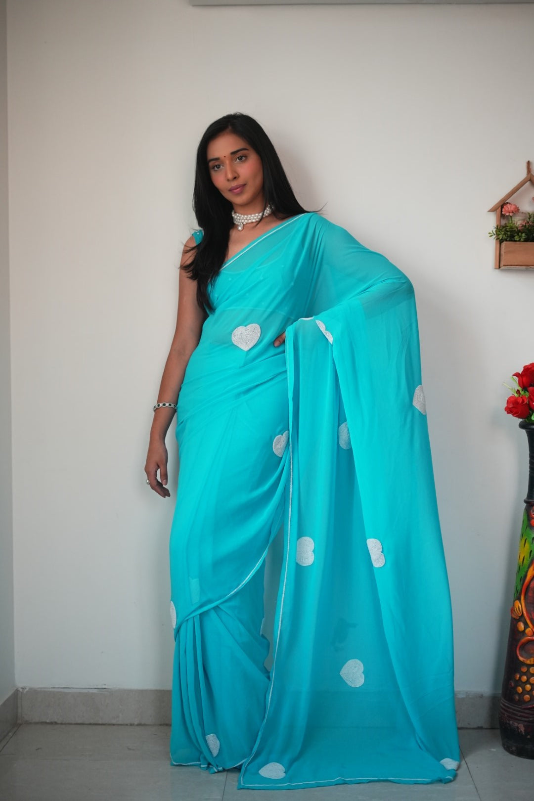 1-Minute Ready To Wear Sky Georgette Saree With Unstitched Blouse.