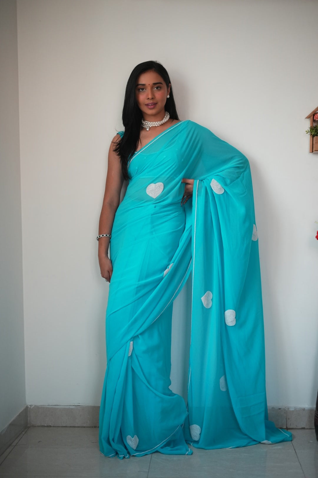 1-Minute Ready To Wear Sky Georgette Saree With Unstitched Blouse.