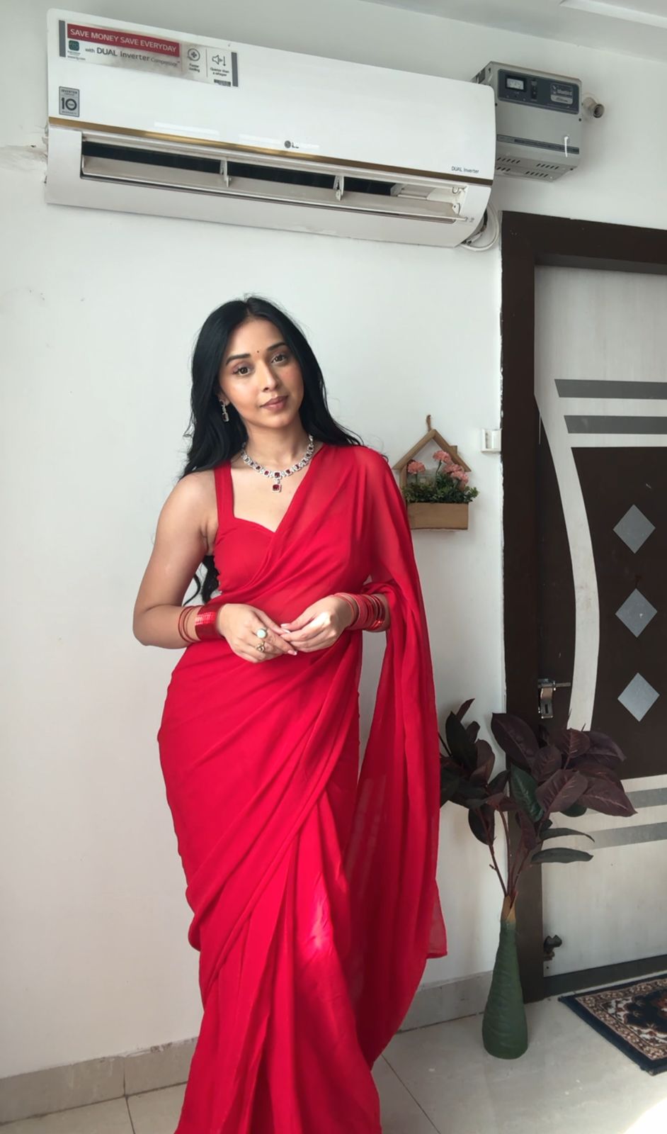 1-Minute Ready To Wear Plain Red Saree With Unstitched Blouse.