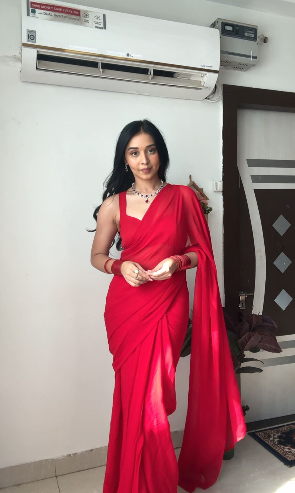 1-Minute Ready To Wear Plain Red Saree With Unstitched Blouse.