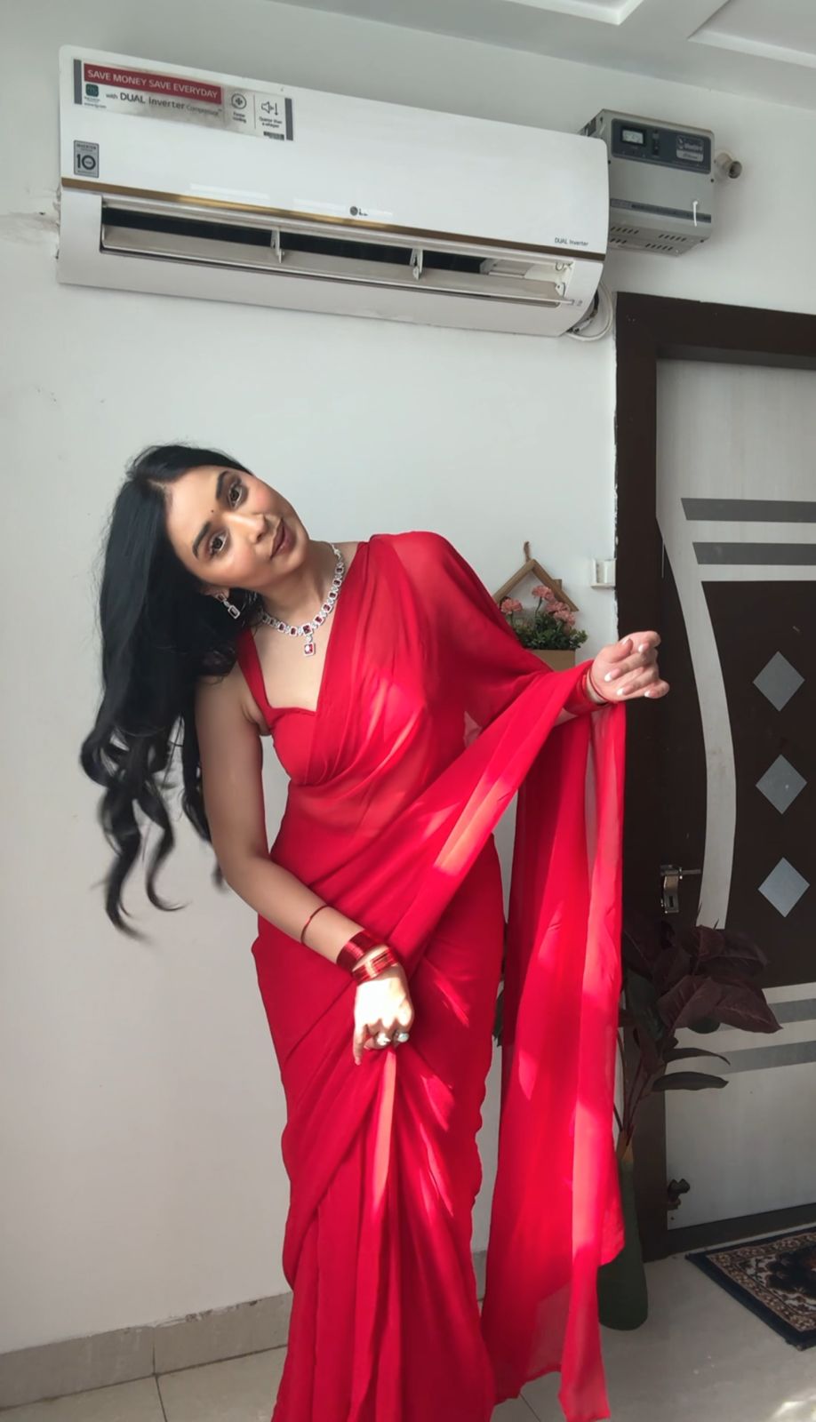 1-Minute Ready To Wear Plain Red Saree With Unstitched Blouse.