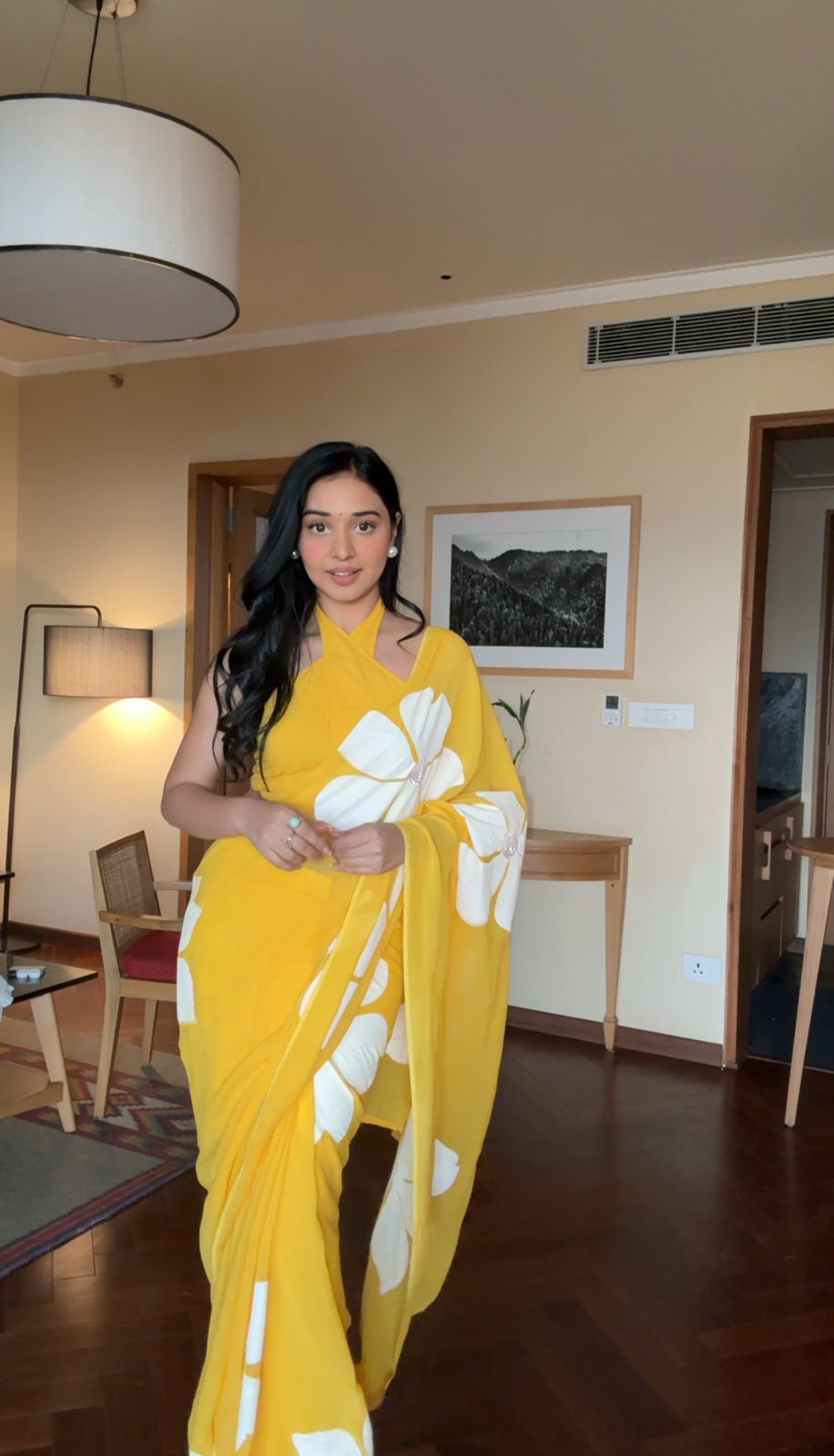 1-Minute Ready To Wear Yellow Georgette Saree With Unstitched Blouse.