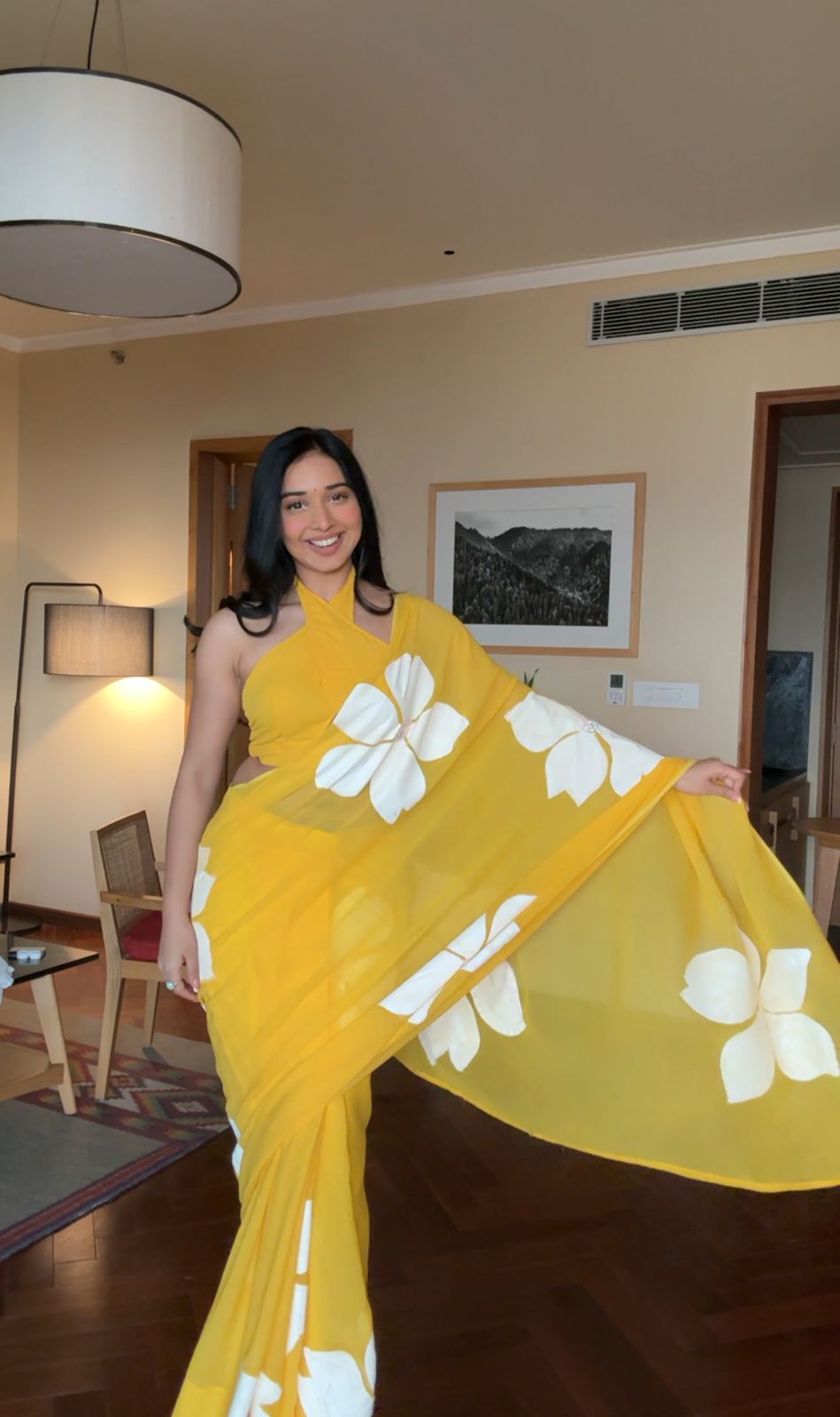 1-Minute Ready To Wear Yellow Georgette Saree With Unstitched Blouse.