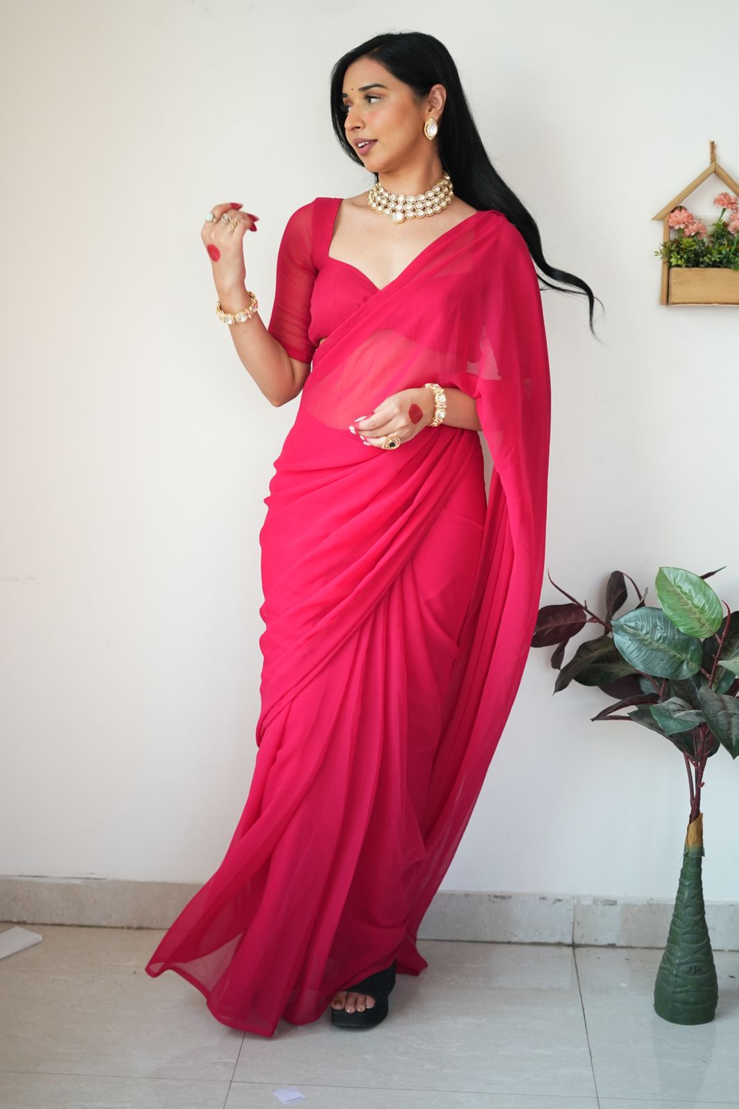 1-Minute Ready To Wear Plain Pink Saree With Unstitched Blouse.