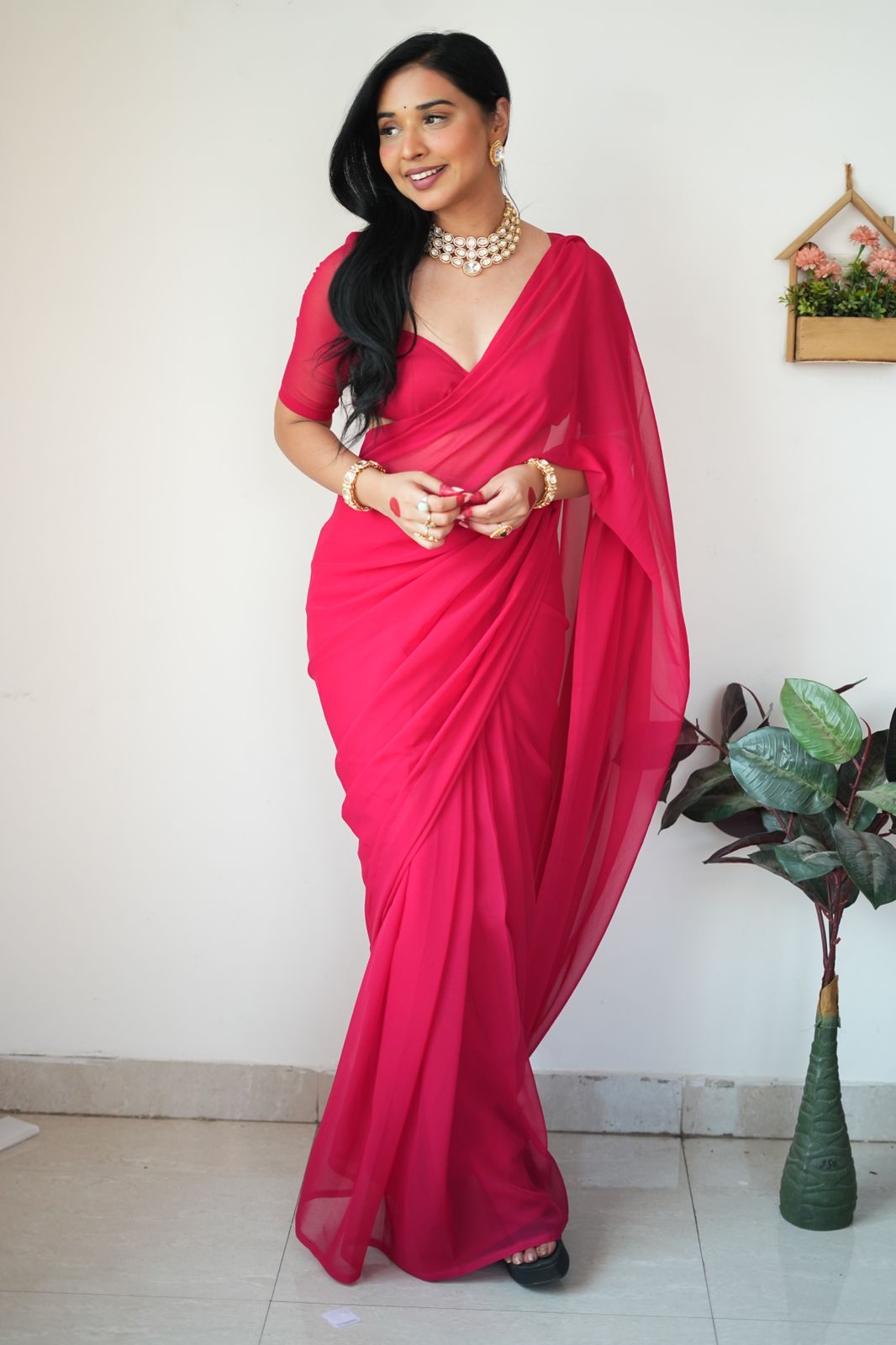 1-Minute Ready To Wear Plain Pink Saree With Unstitched Blouse.