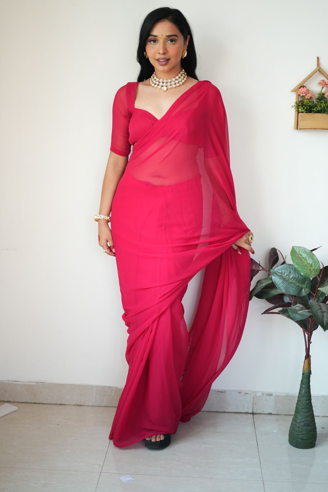 1-Minute Ready To Wear Plain Pink Saree With Unstitched Blouse.