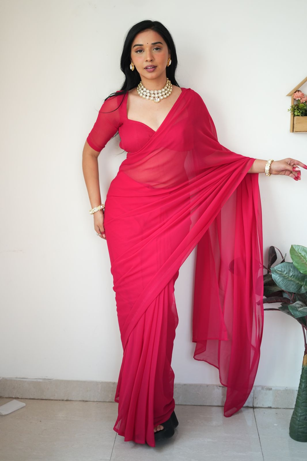 1-Minute Ready To Wear Plain Pink Saree With Unstitched Blouse.