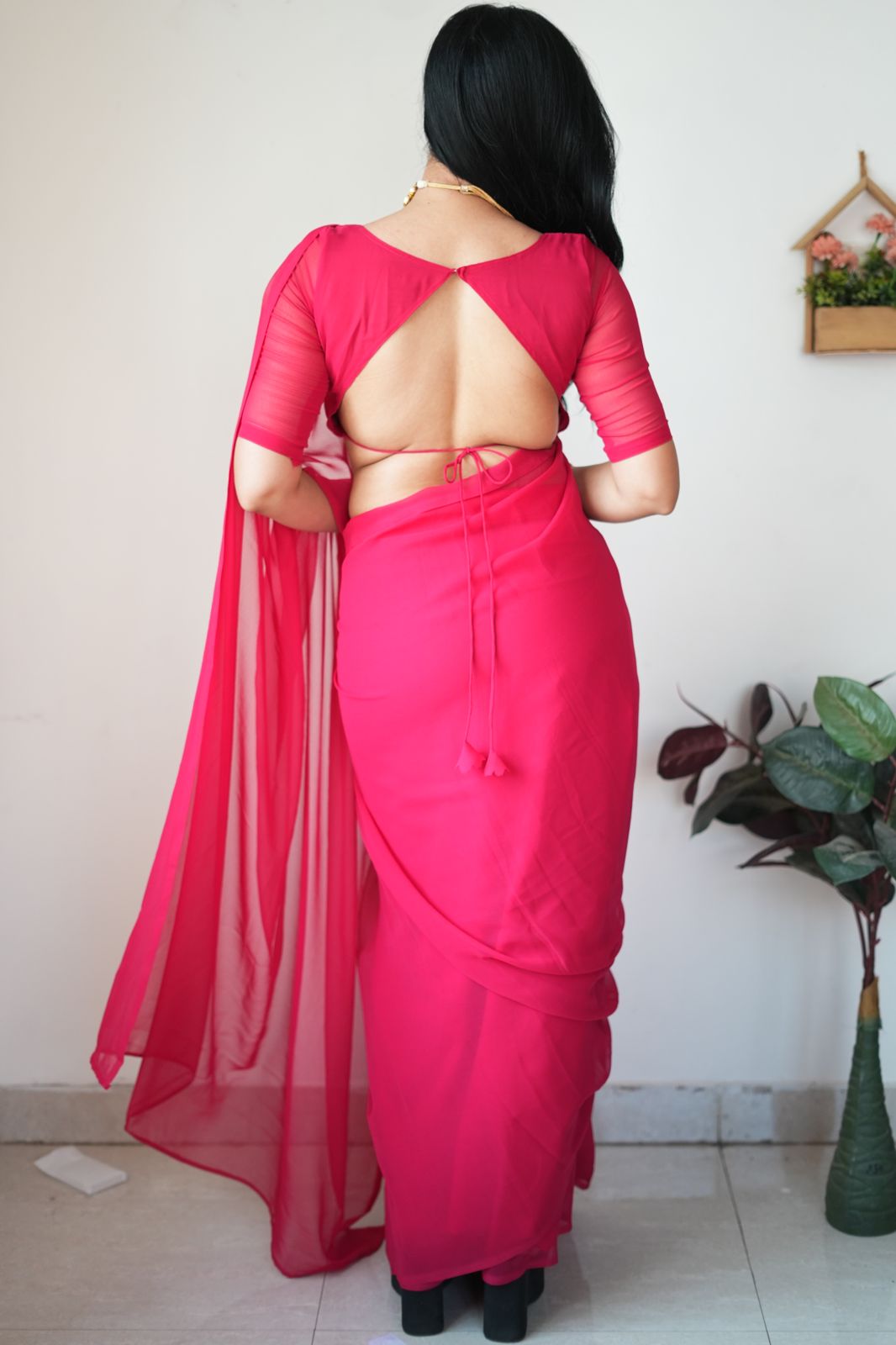 1-Minute Ready To Wear Plain Pink Saree With Unstitched Blouse.