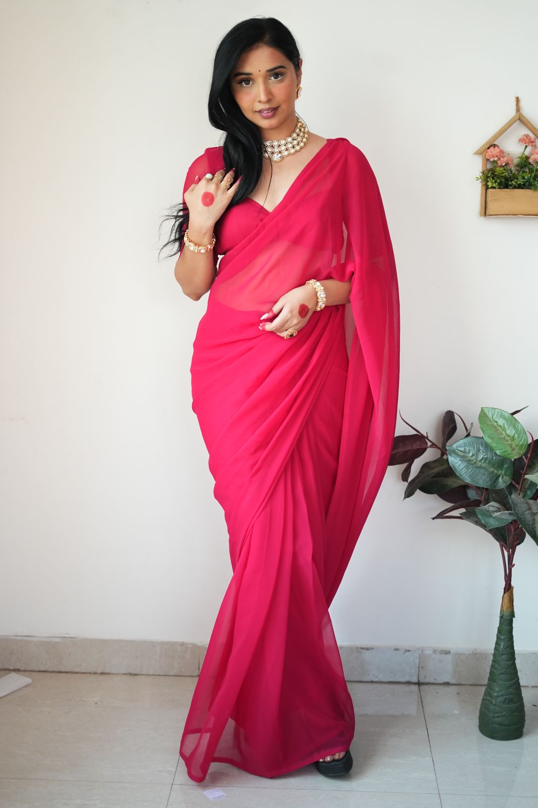 1-Minute Ready To Wear Plain Pink Saree With Unstitched Blouse.