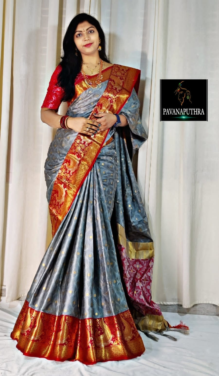 Grey and Red Nayra Kanjivaram Silk Saree