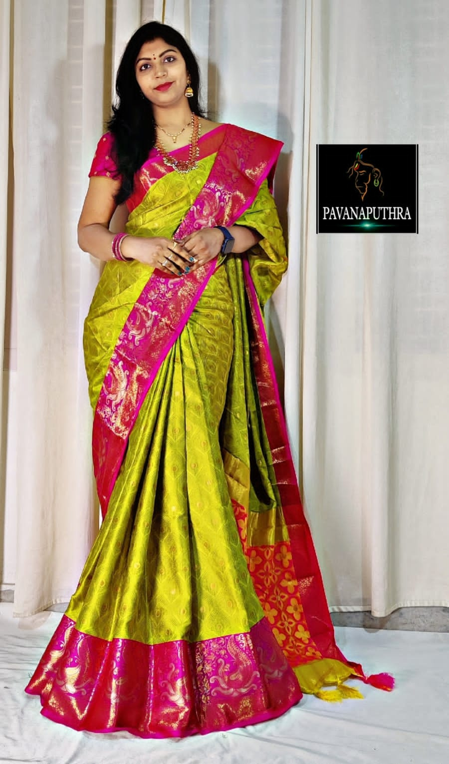 Light Yellow and Pink Nayra Kanjivaram Silk Saree